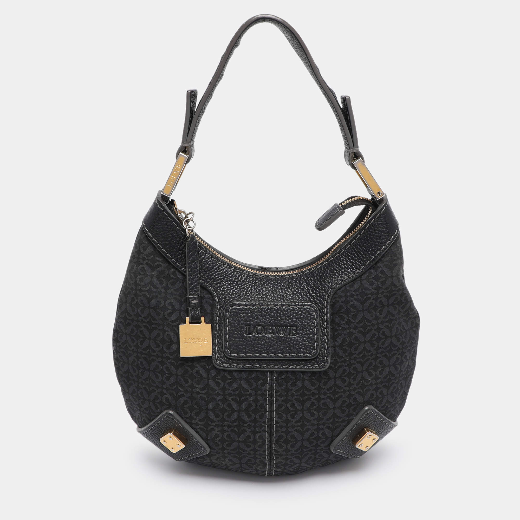 Pre Owned Loewe Black Monogram Fabric and Leather Hobo