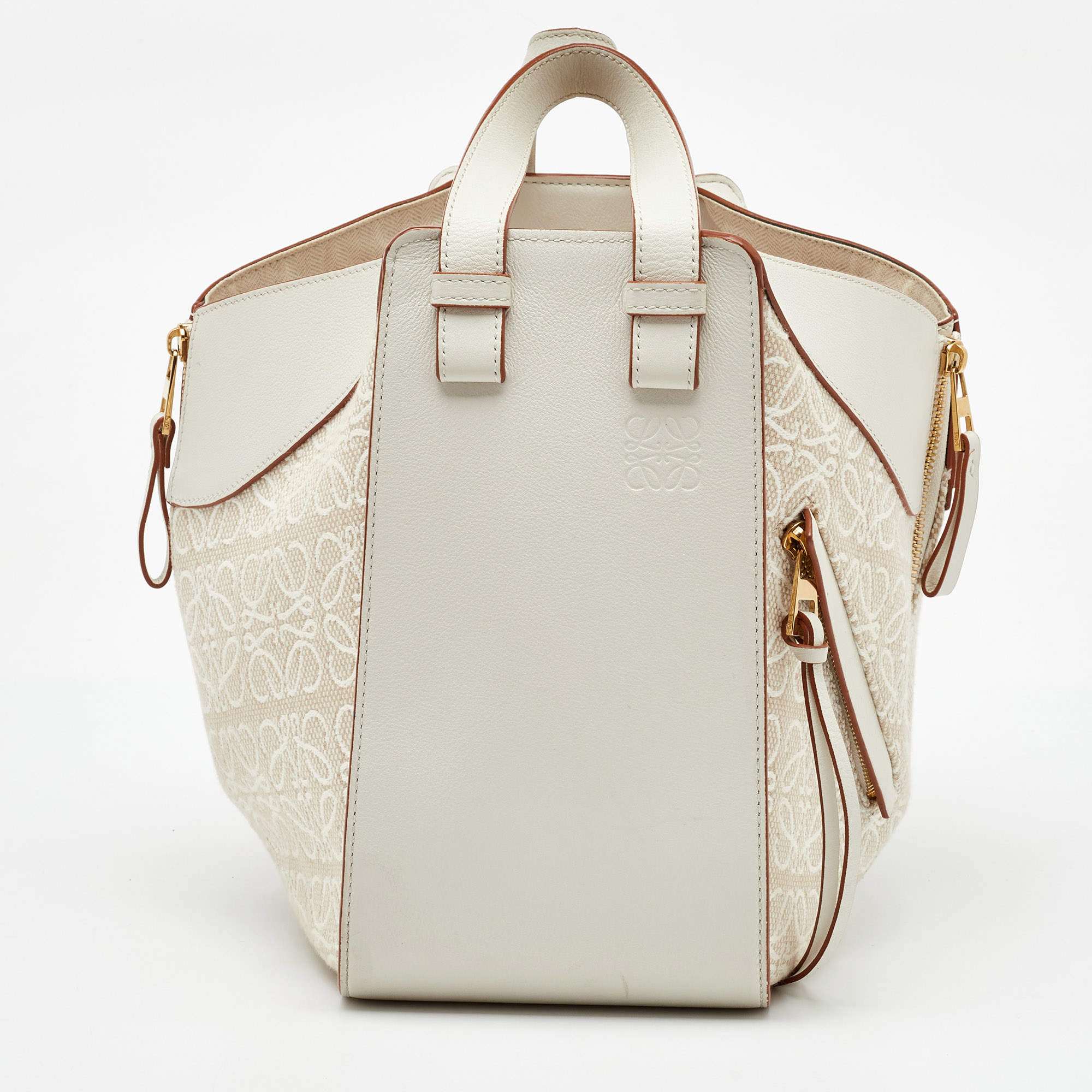 Pre Owned Loewe White/Ecru Leather and Anagram Canvas Small Hammock Bag