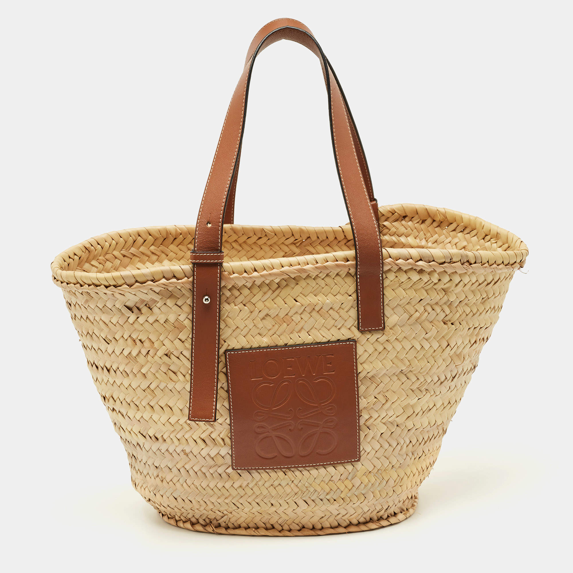 Pre Owned Loewe Beige/Brown Raffia and Leather Medium Basket Tote
