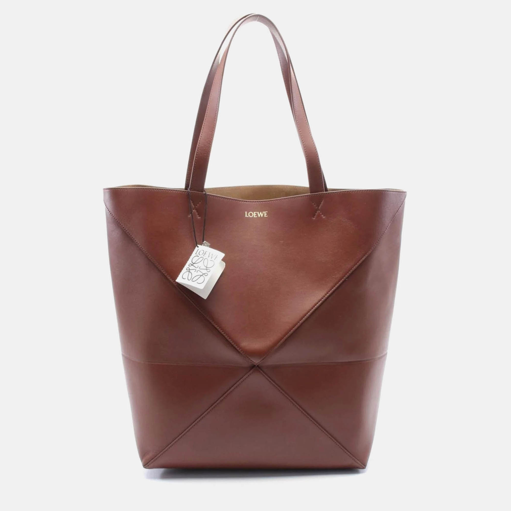 Pre Owned Loewe Puzzle Fold Large Brown Leather Tote Bag