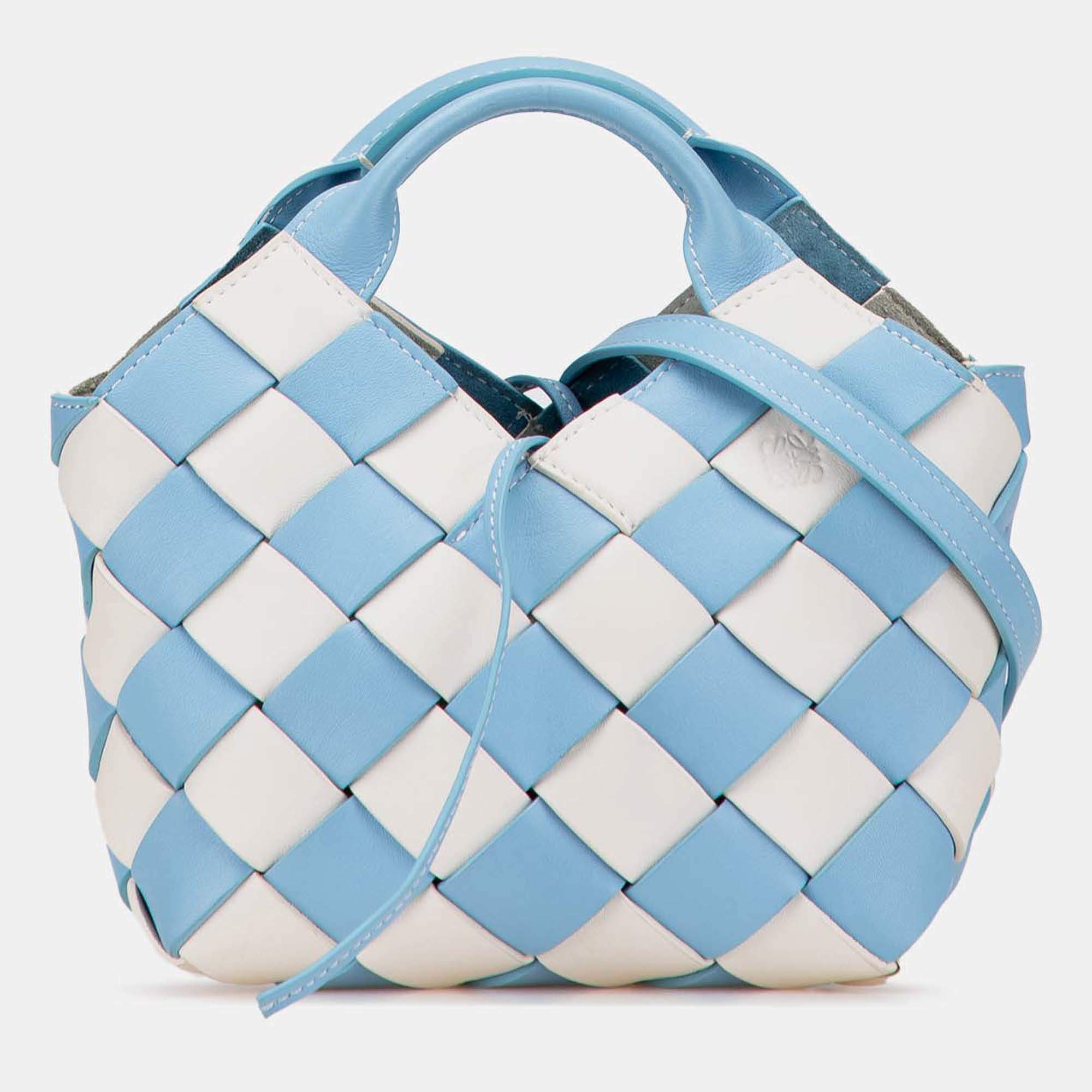 Pre Owned Loewe Blue White Mini Woven Calfskin Gingham Surplus Basket Bag