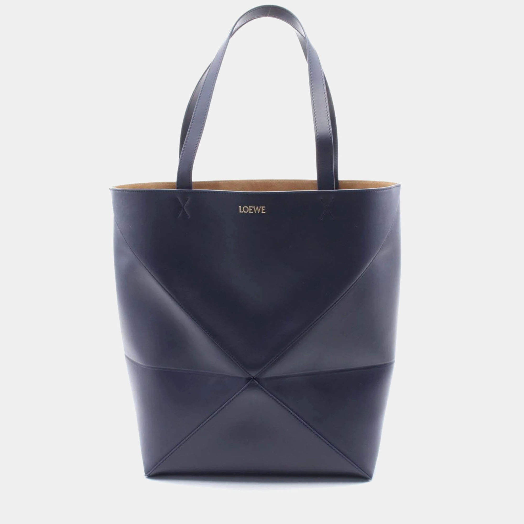 Pre Owned Loewe Puzzle Fold Large Navy Leather Tote Bag