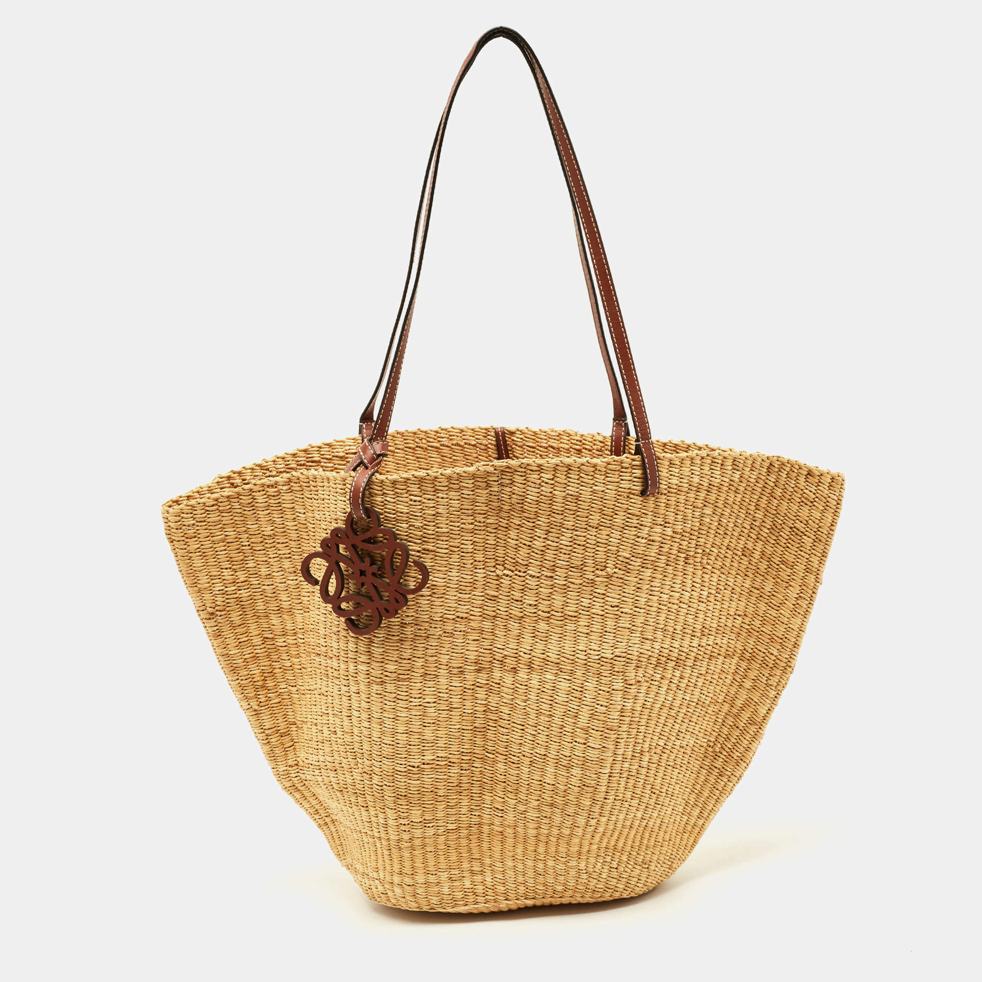 Pre Owned Loewe Natural/Tan Woven Raffia Shell Basket Bag