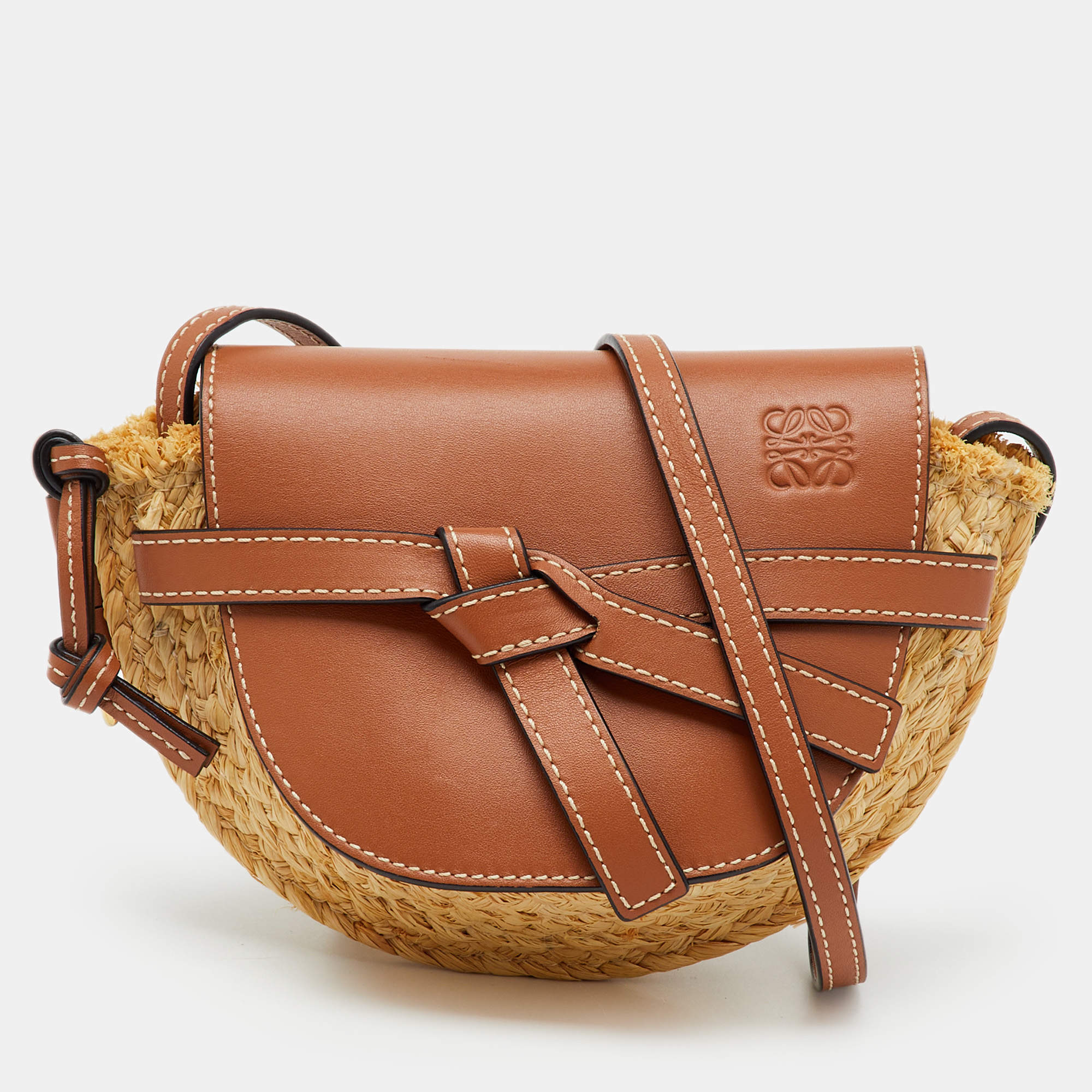 Pre Owned Loewe Beige/Tan Raffia and Leather Mini Gate Shoulder Bag