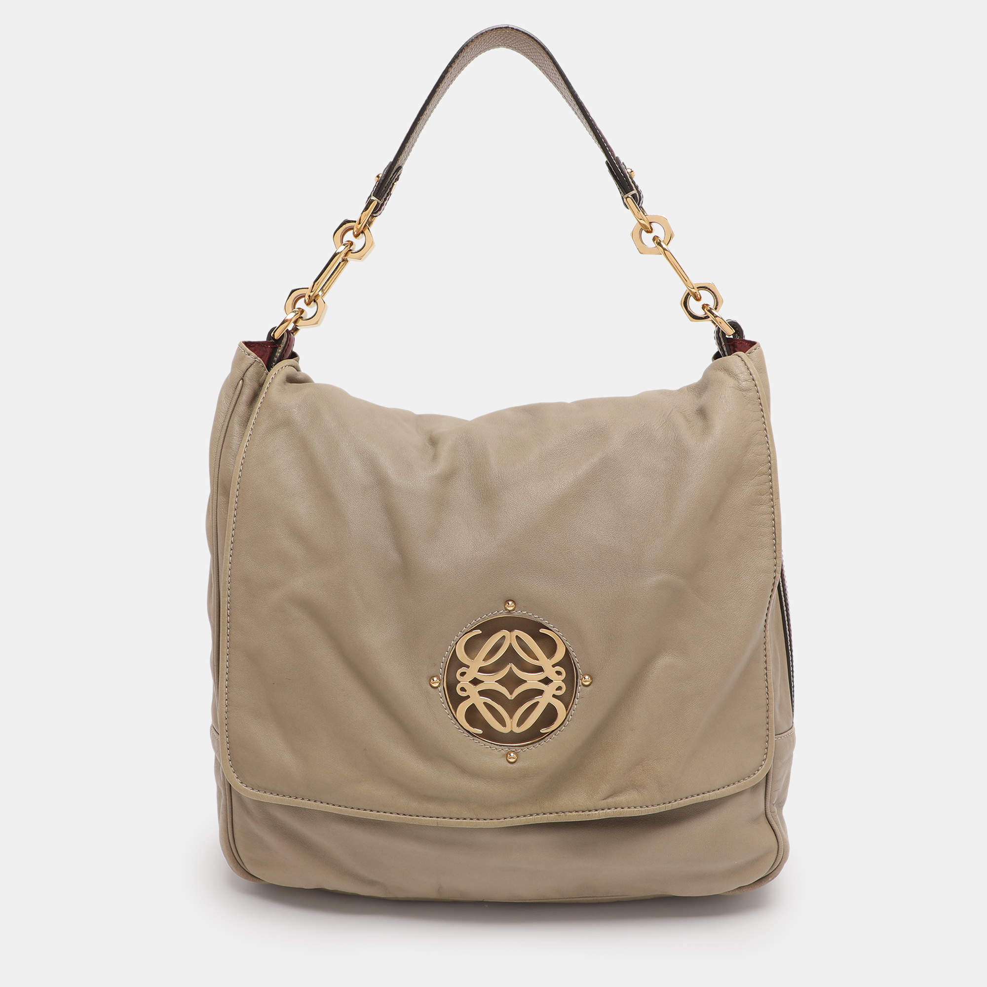 Pre Owned Loewe Olive/Burgundy Karung and Leather Anagram Shoulder Bag