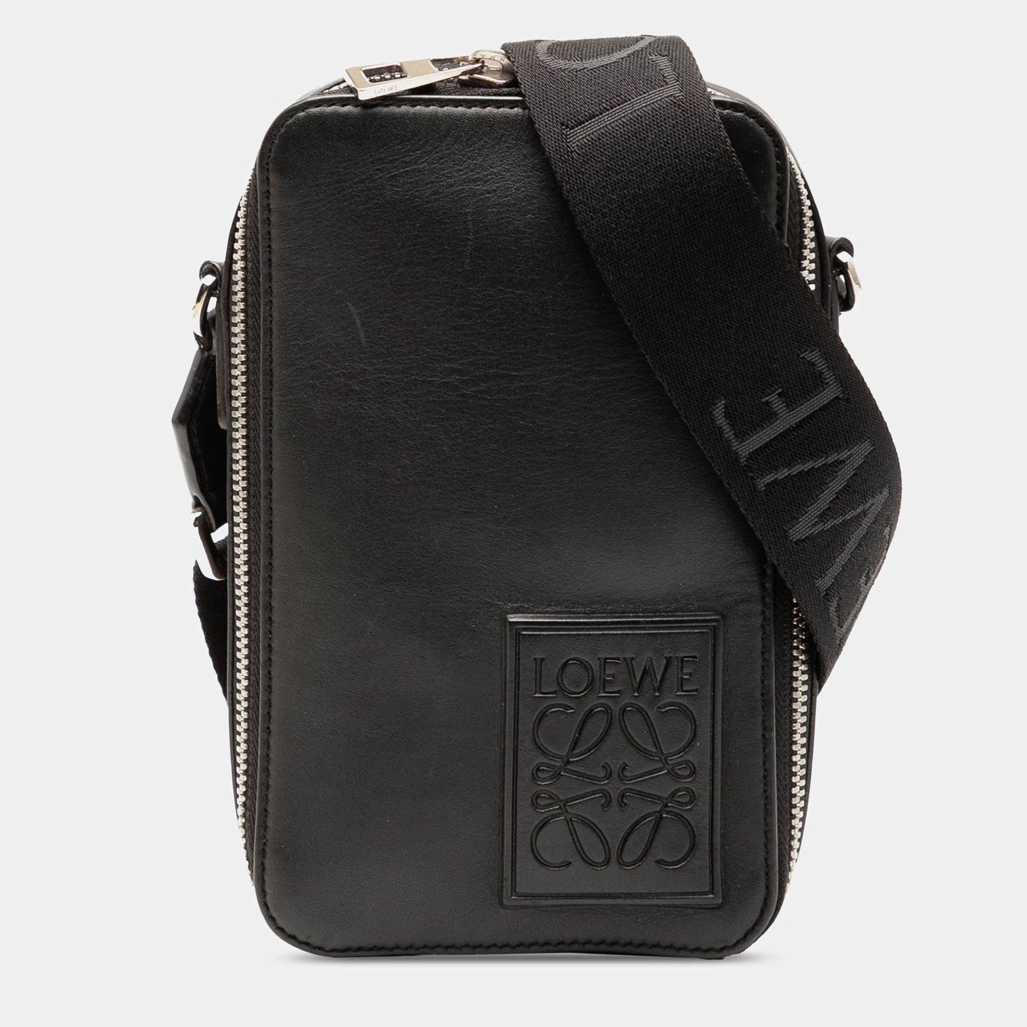 Pre Owned Loewe Black Satin Calfskin Anagram Vertical Pocket Crossbody