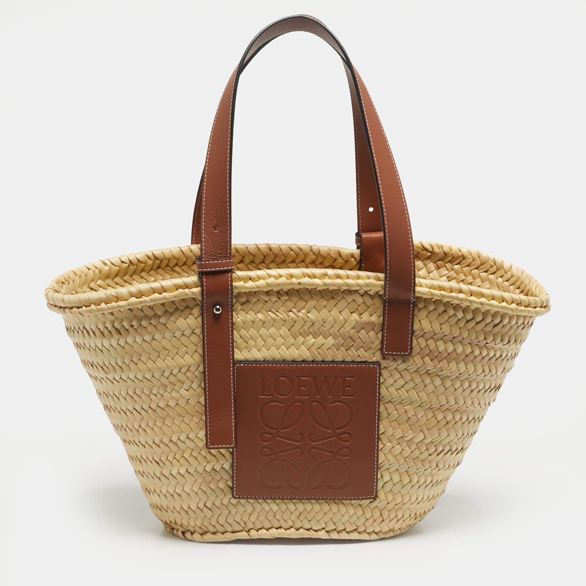 Pre Owned Loewe Tan/Natural Palm Leaf and Leather Medium Basket Tote