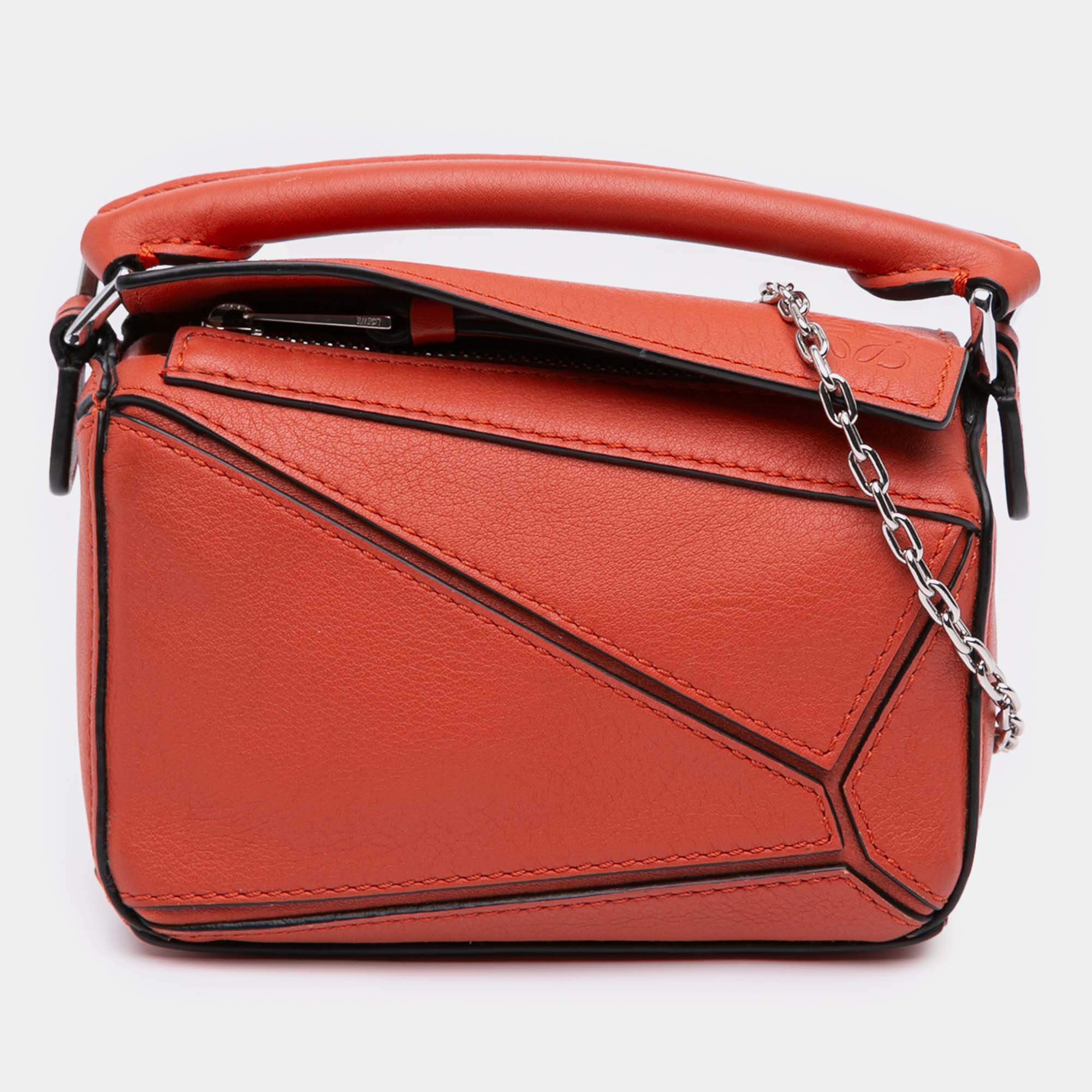 Pre Owned Loewe Orange Nano Calfskin Puzzle Satchel