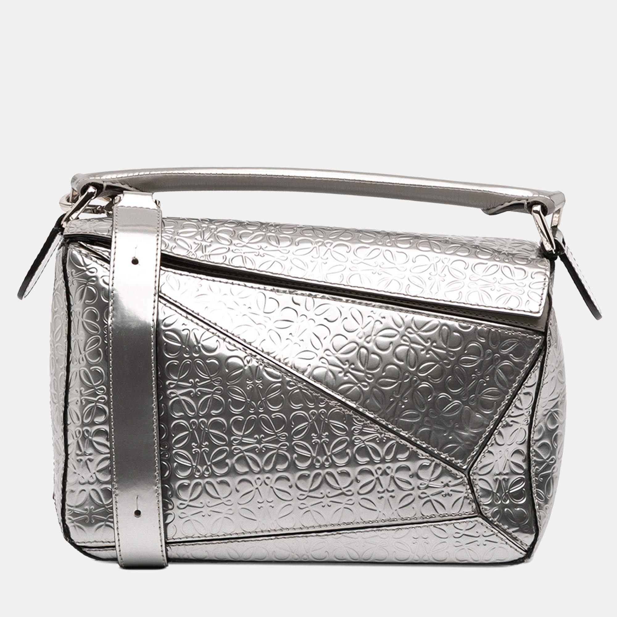 Pre Owned Loewe Silver Small Anagram Embossed Patent Puzzle Satchel