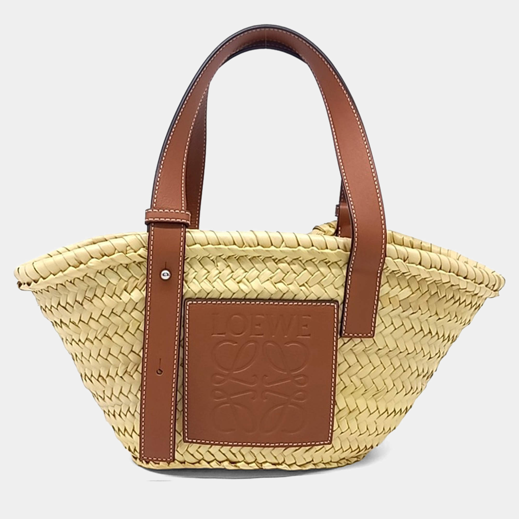 Pre Owned Loewe Beige Brown Raffia Basket Woven Tote Bag