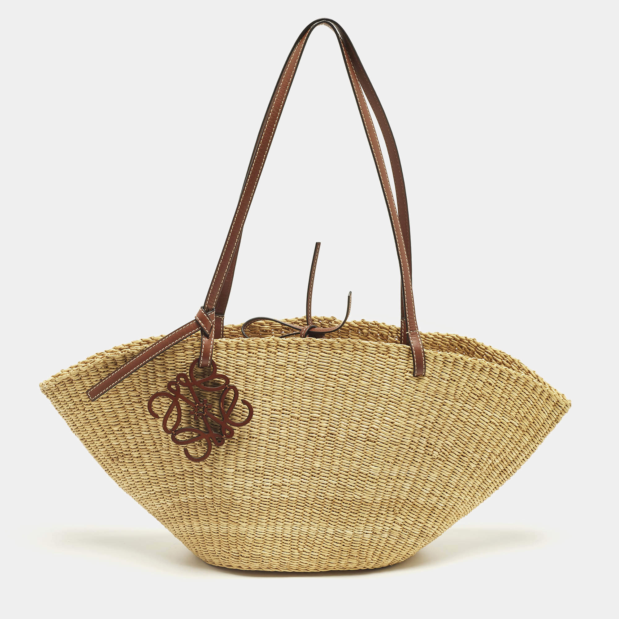 Pre Owned Loewe Brown/Natural Woven Raffia and Leather Shell Basket Tote