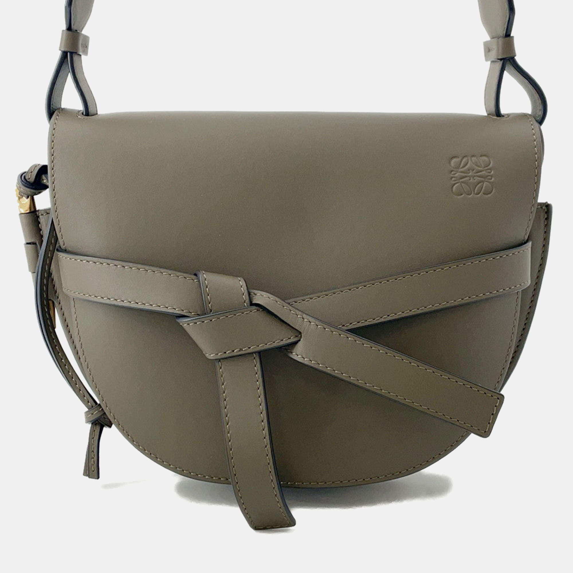 Pre Owned Loewe Gate Dual Shoulder Bag Olive Green Calf Leather Size Small