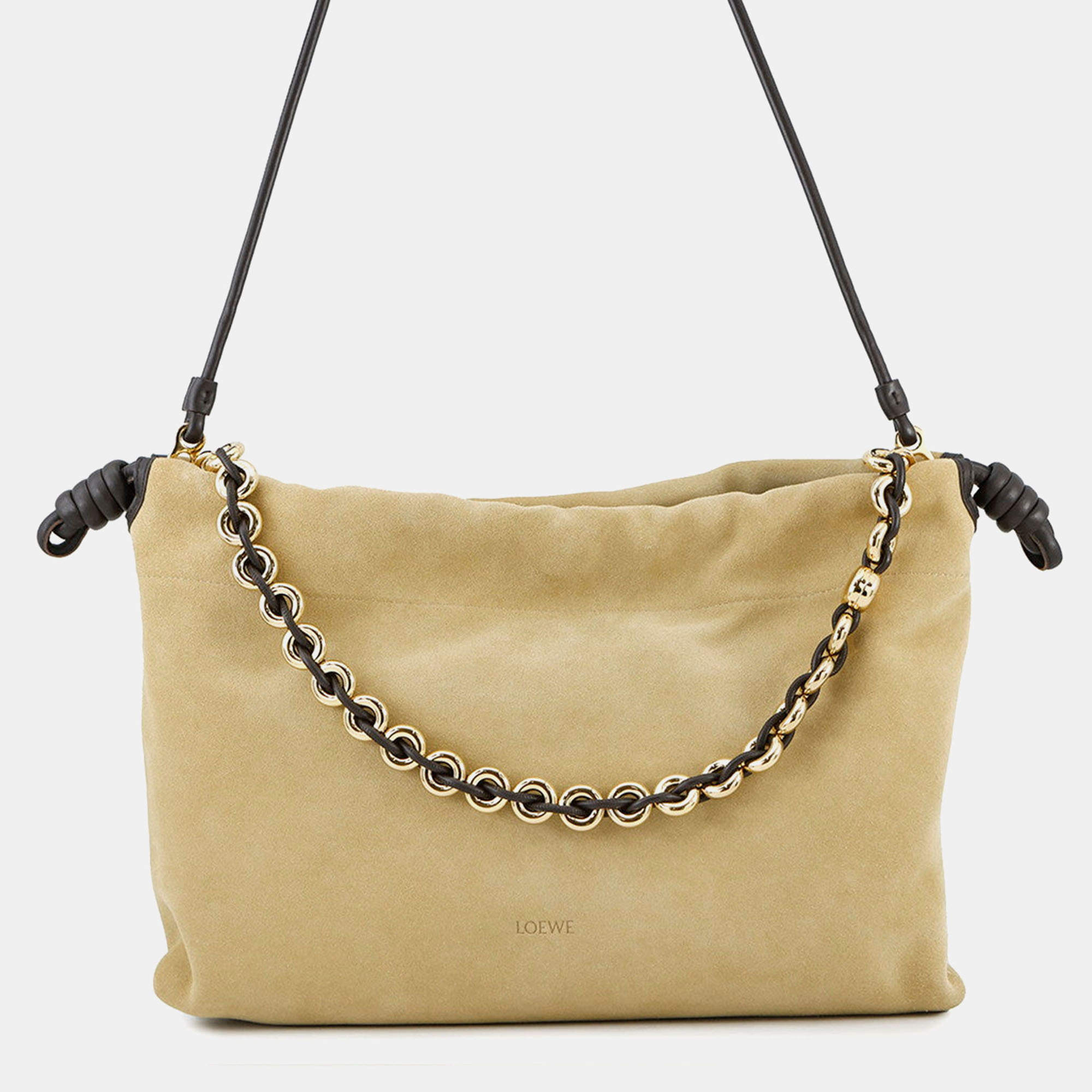 Pre Owned Loewe Flamenco Purse 2Way Shoulder Bag Beige Suede Size Large