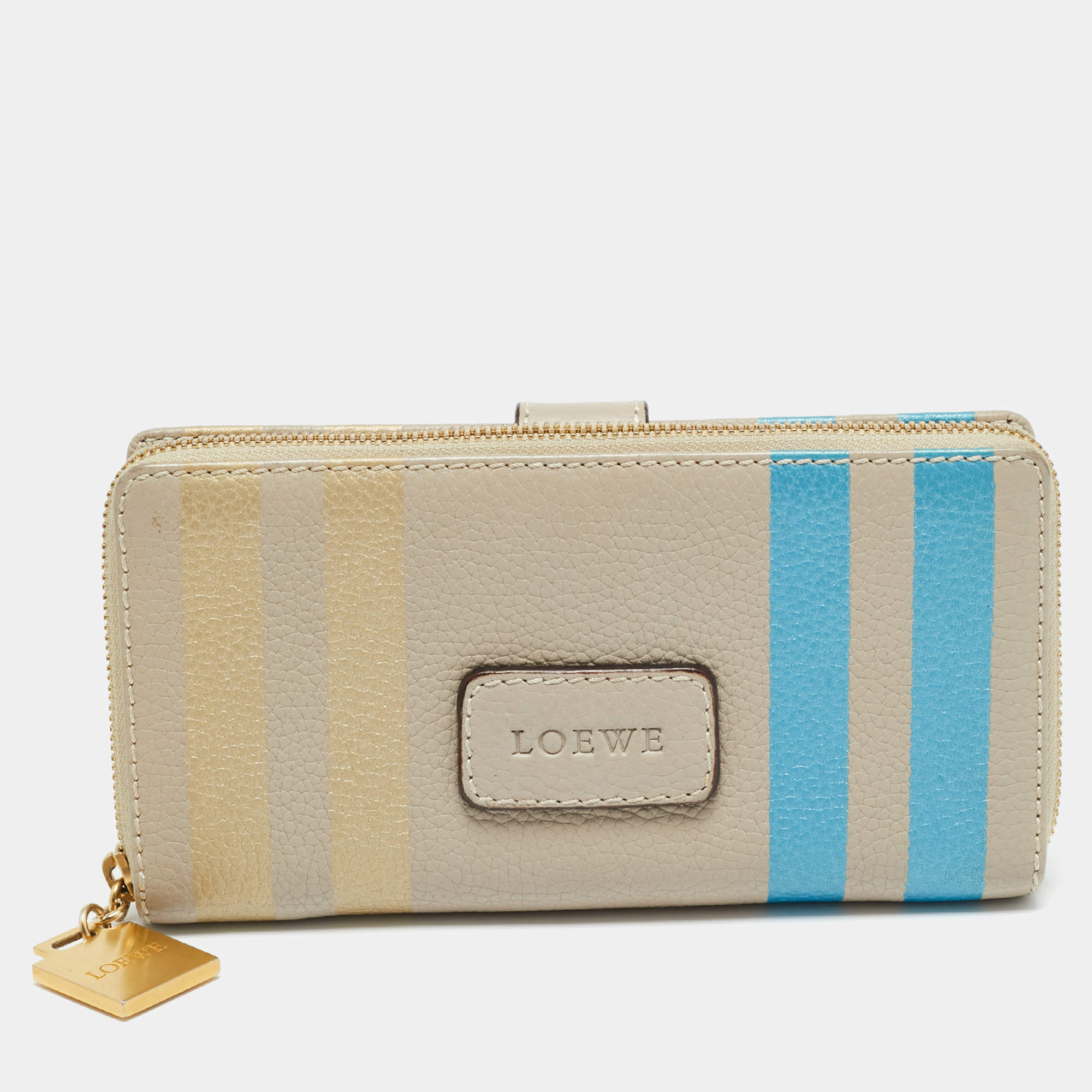 Pre Owned Loewe Stripe Beige Leather Zip Continental Wallet