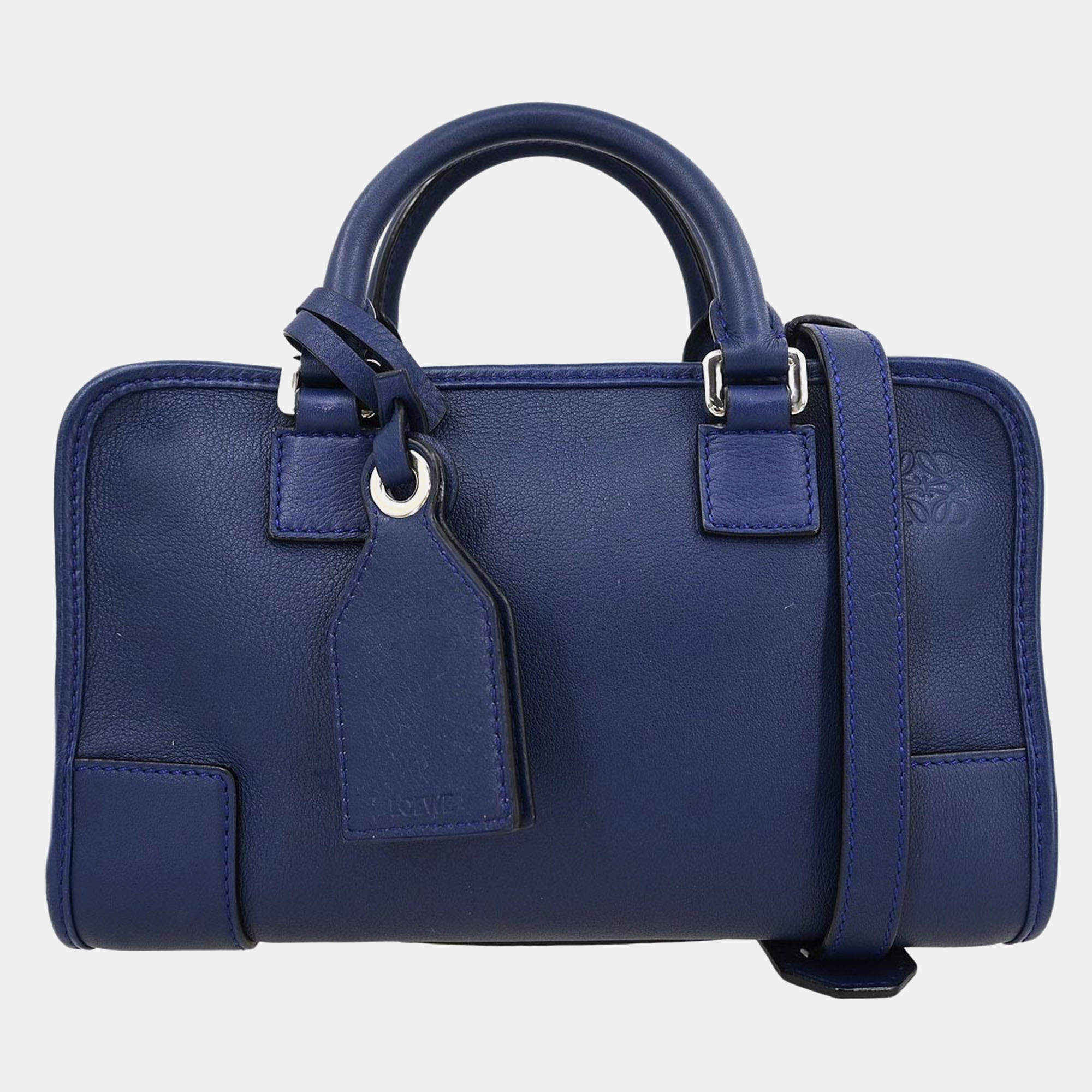 Pre Owned Loewe Amazona 23 Navy Calfskin Leather Top Handle Bag