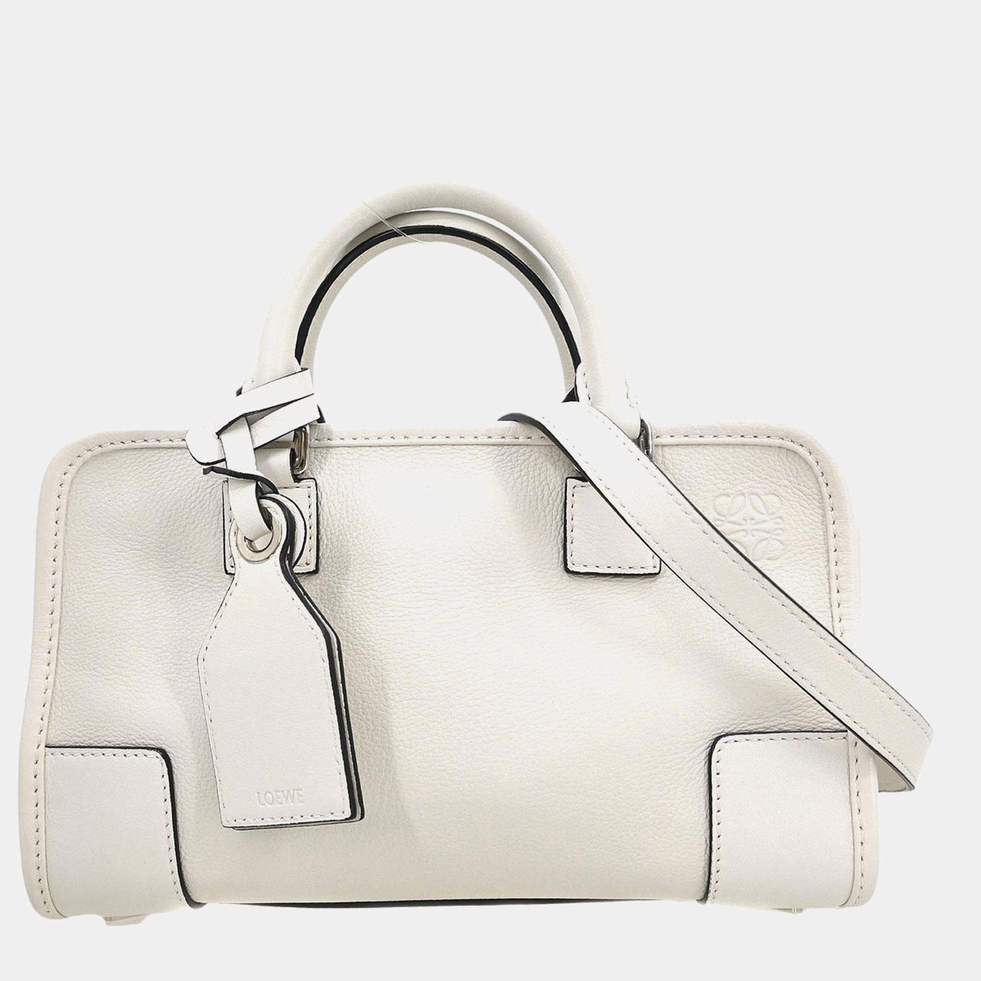 Pre Owned Loewe Amazona 23 White Calfskin Leather Top Handle Bag