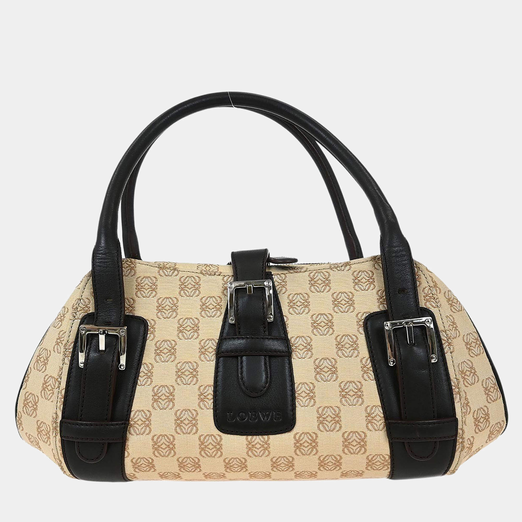 Pre Owned Loewe Senda Anagram Beige Canvas Top Handle Bag