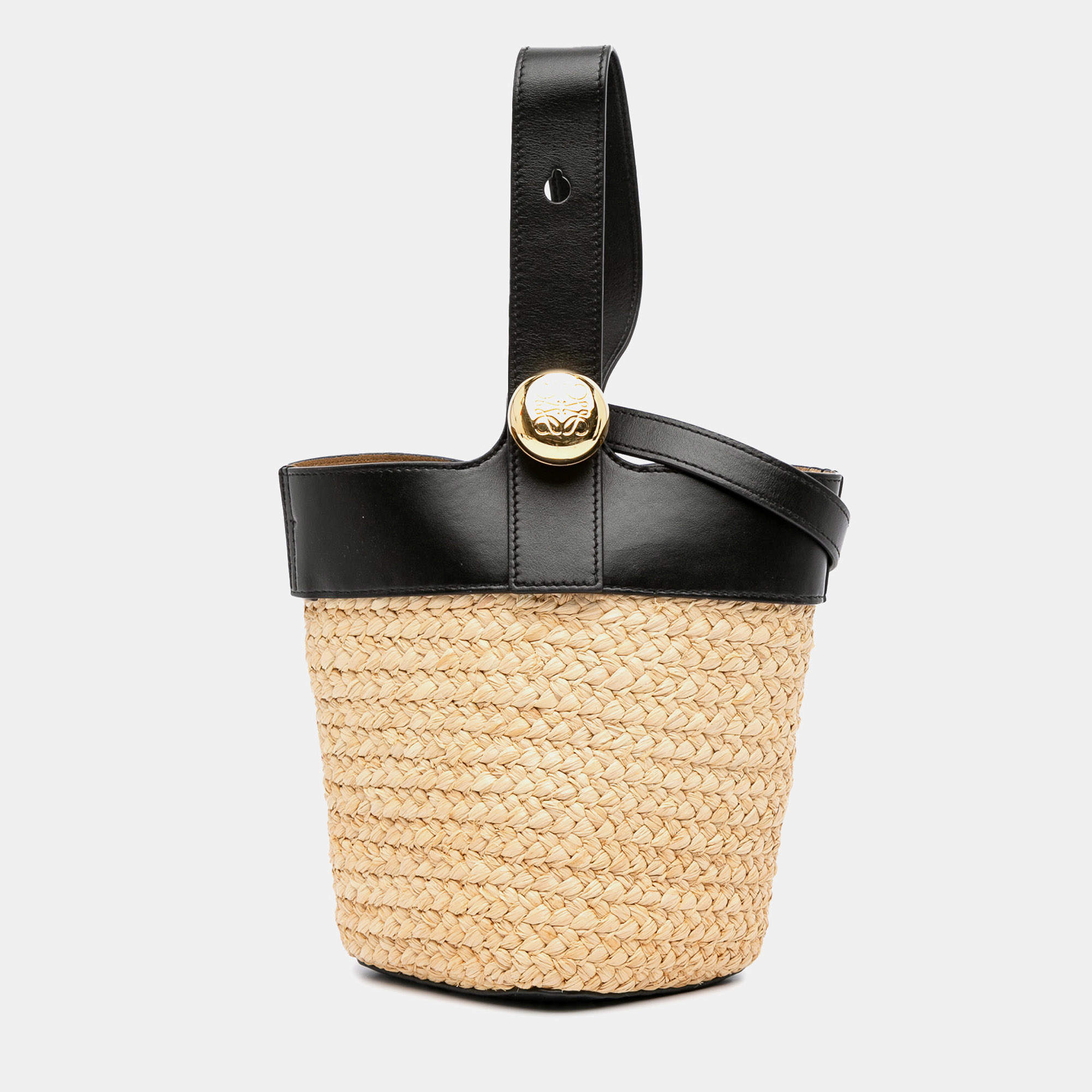 Pre Owned Loewe Black Brown Mini Raffia Pebble Bucket Bag