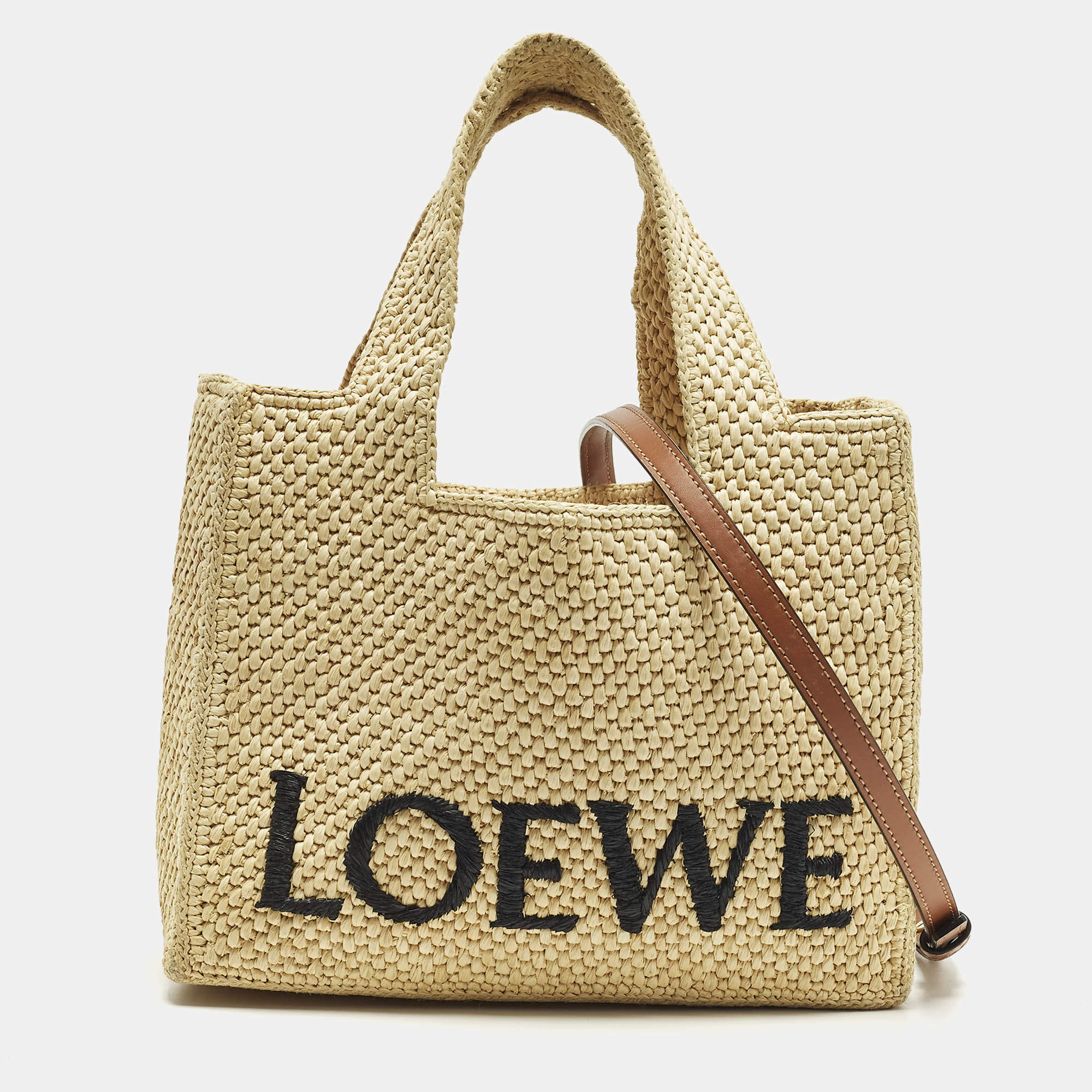 Pre Owned Loewe Logo Beige/Brown Leather and Raffia Tote