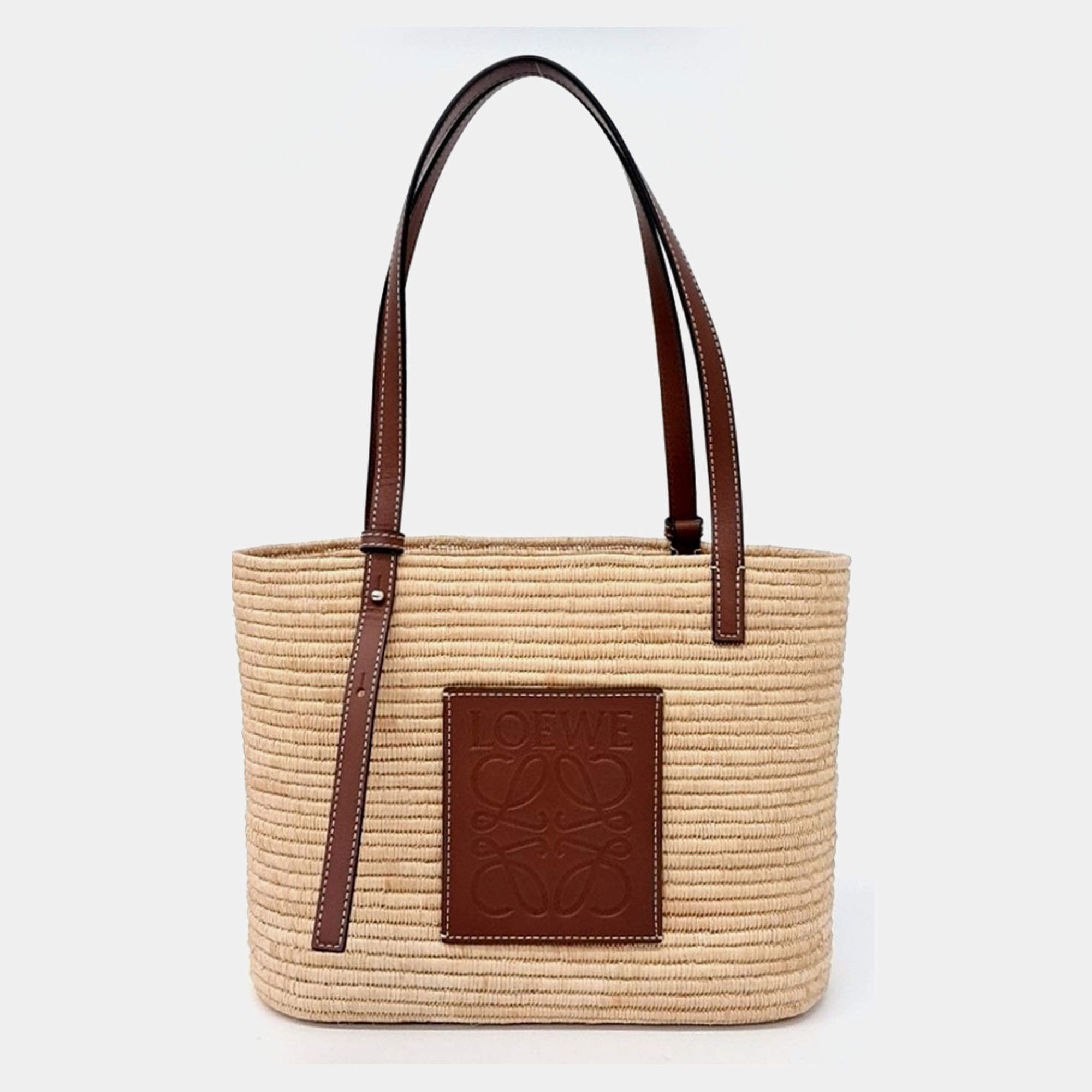 Pre Owned Loewe Beige, Brown Raffia Square Basket Bag Small