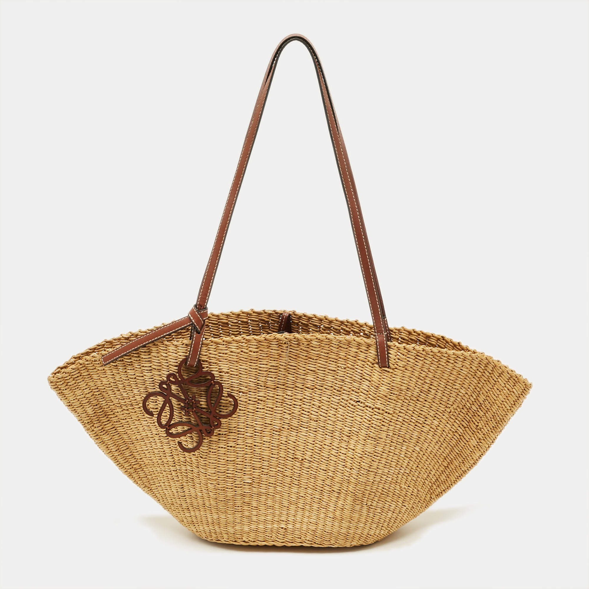 Pre Owned Loewe Brown/Natural Woven Raffia and Leather Shell Basket Tote