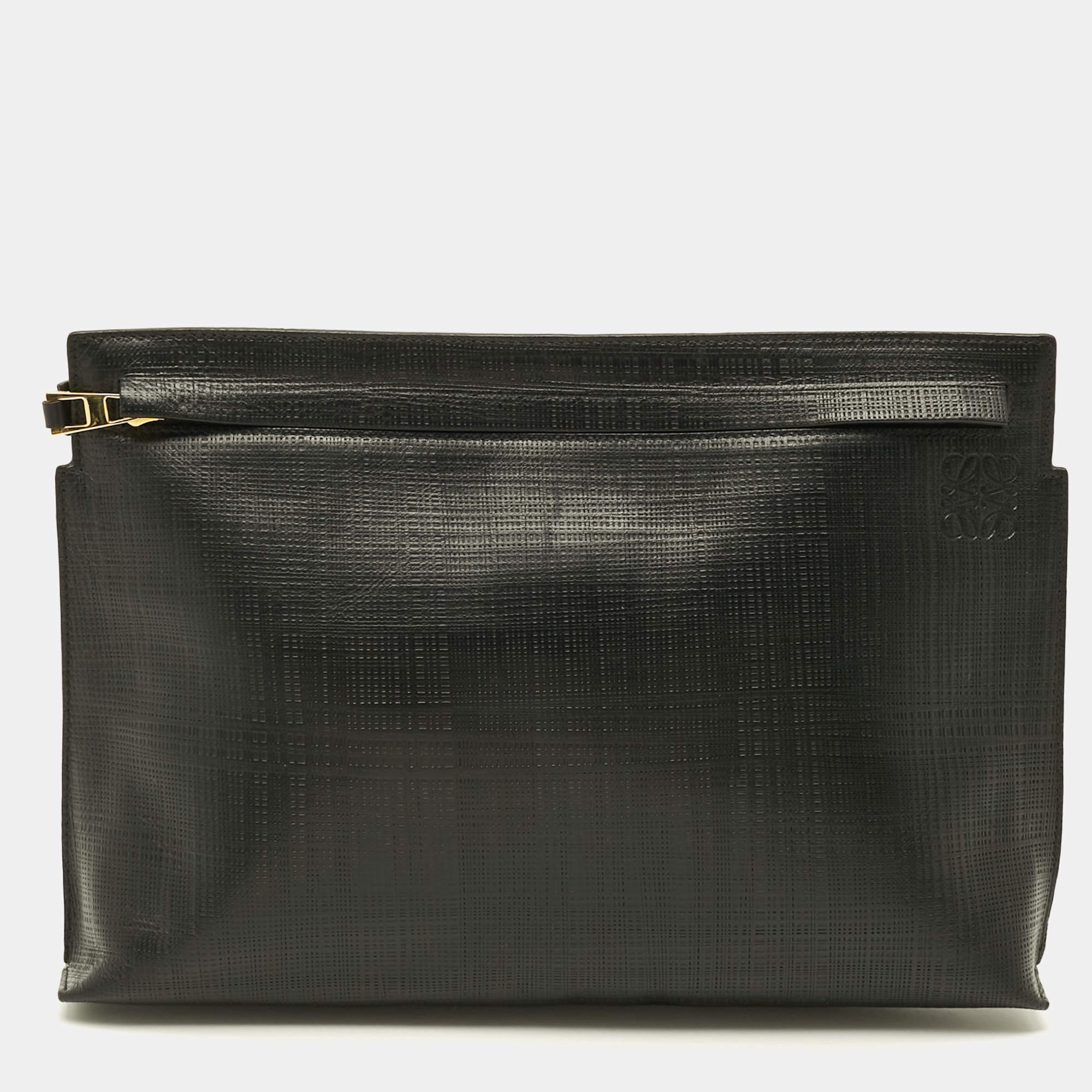Pre Owned Loewe T Black Textured Leather Pouch