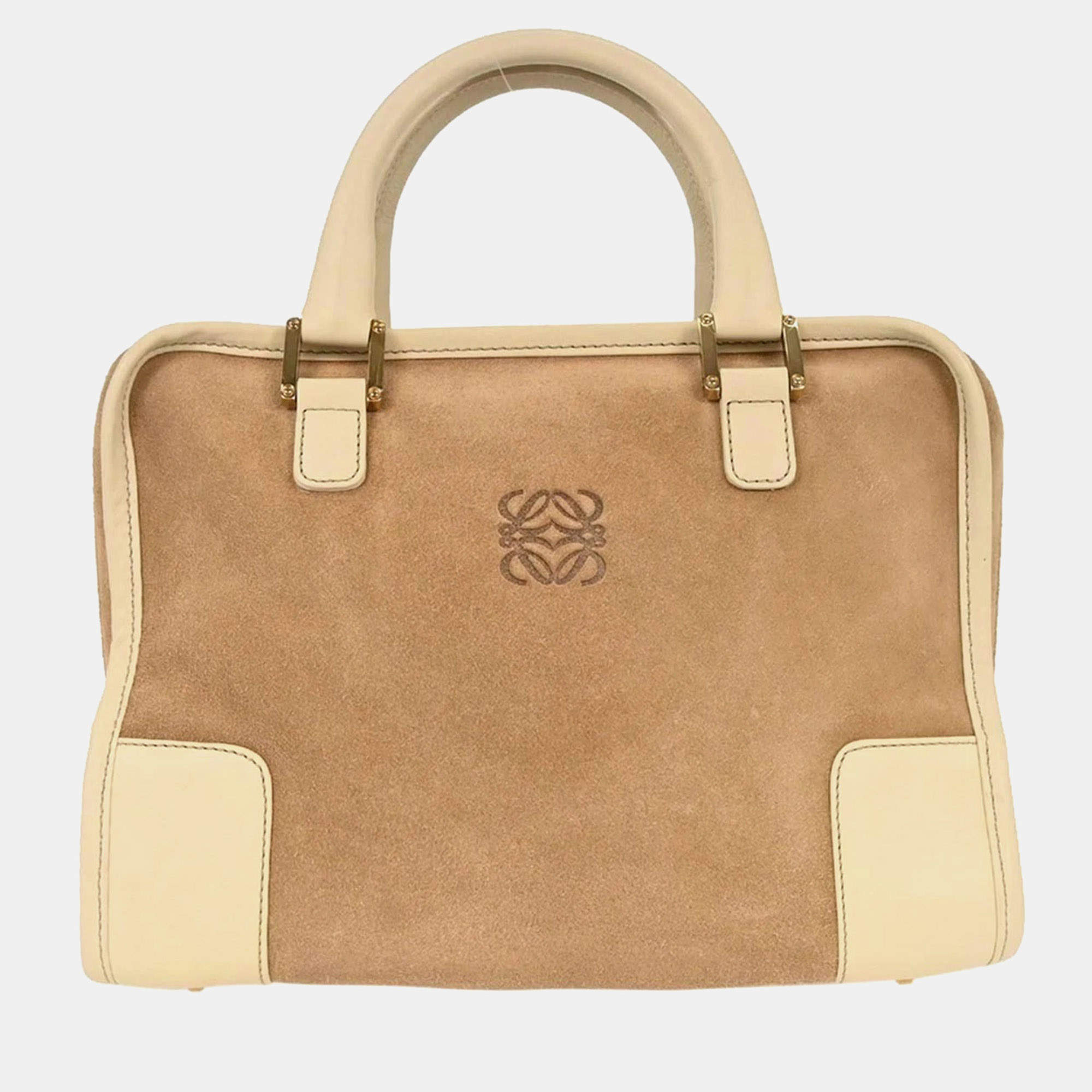 Pre Owned Loewe Amazona 28 Beige Suede Top Handle Bag