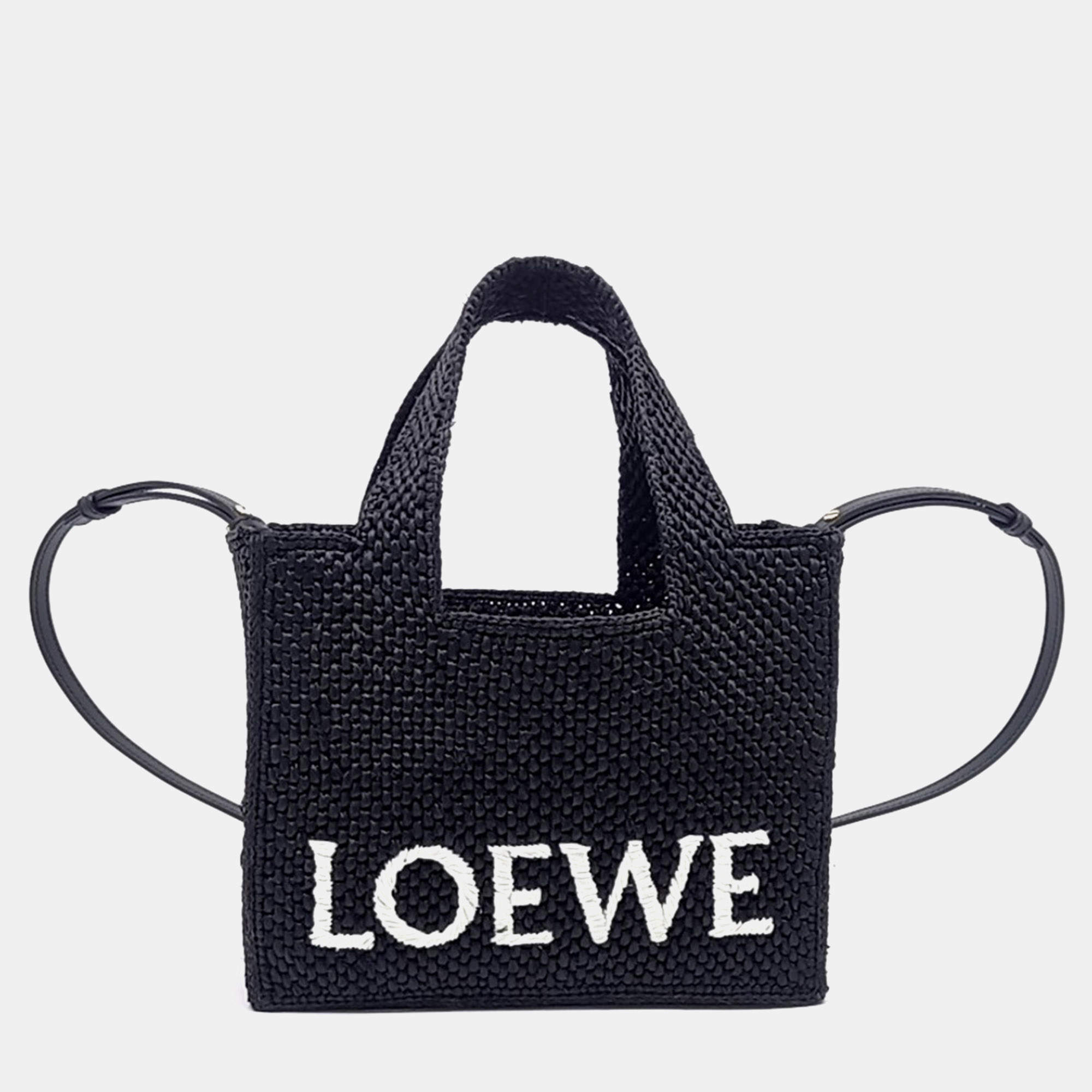 Pre Owned Loewe Raffia Black Font Tote Bag Small