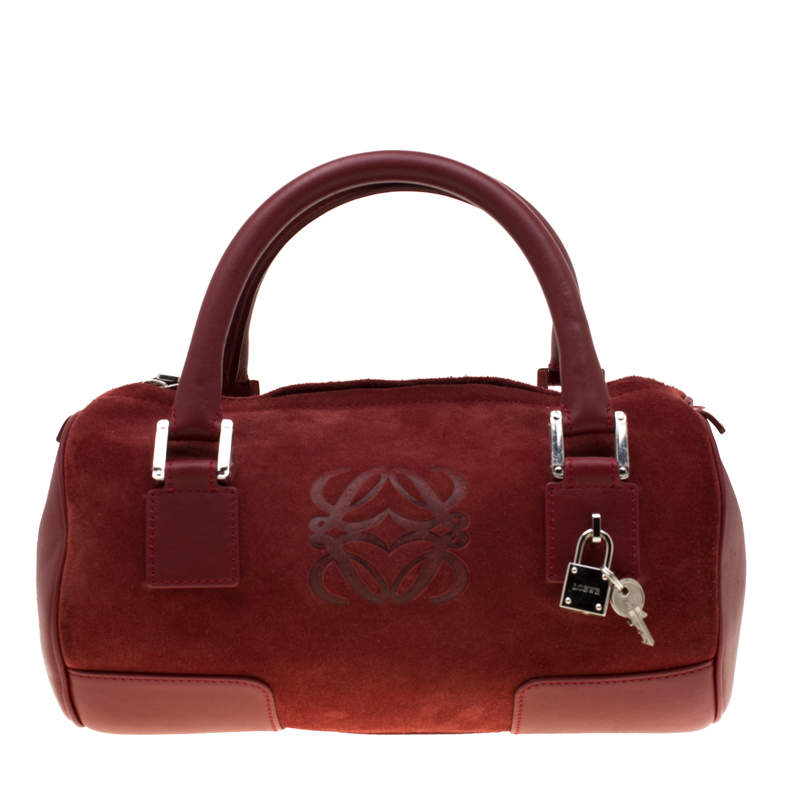 Pre Owned Loewe Maroon Suede Amazona 36 Satchel