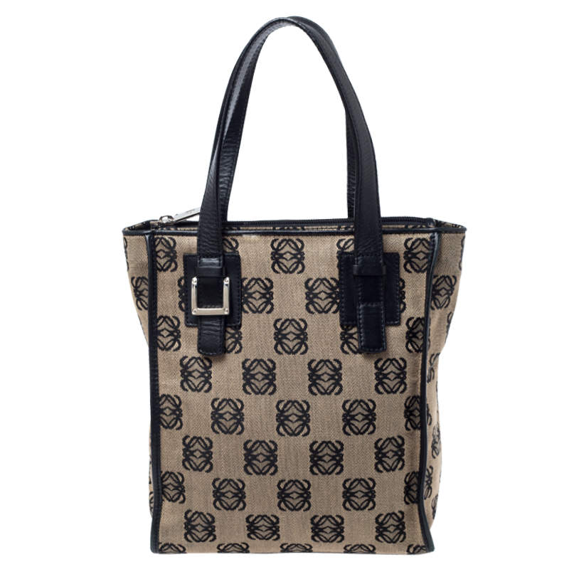 Pre Owned Loewe Black/Beige Anagram Logo Canvas and Leather Tote