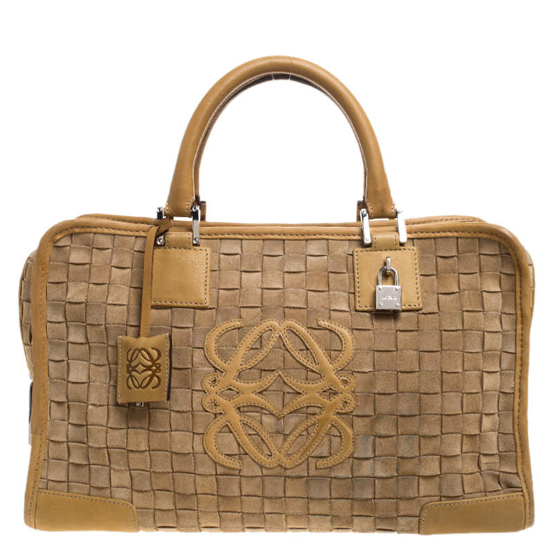 Pre Owned Loewe Light Brown Leather and Suede Woven Amazona 36 Tote