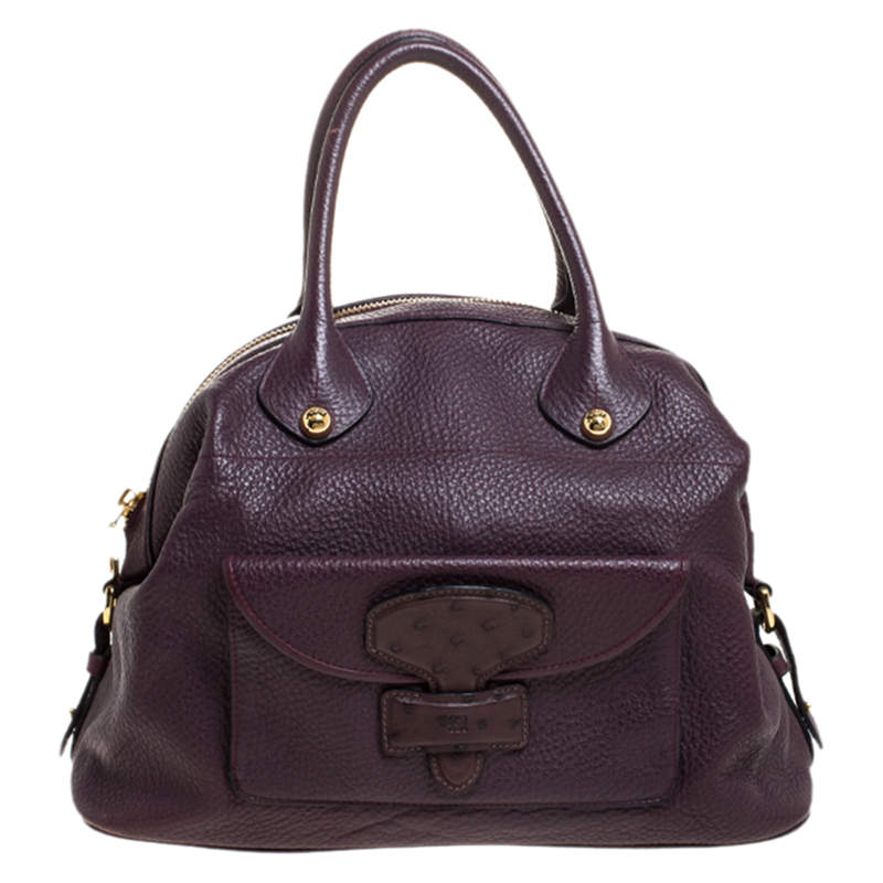 Pre Owned Loewe Purple Leather and Ostrich Front Pocket Satchel
