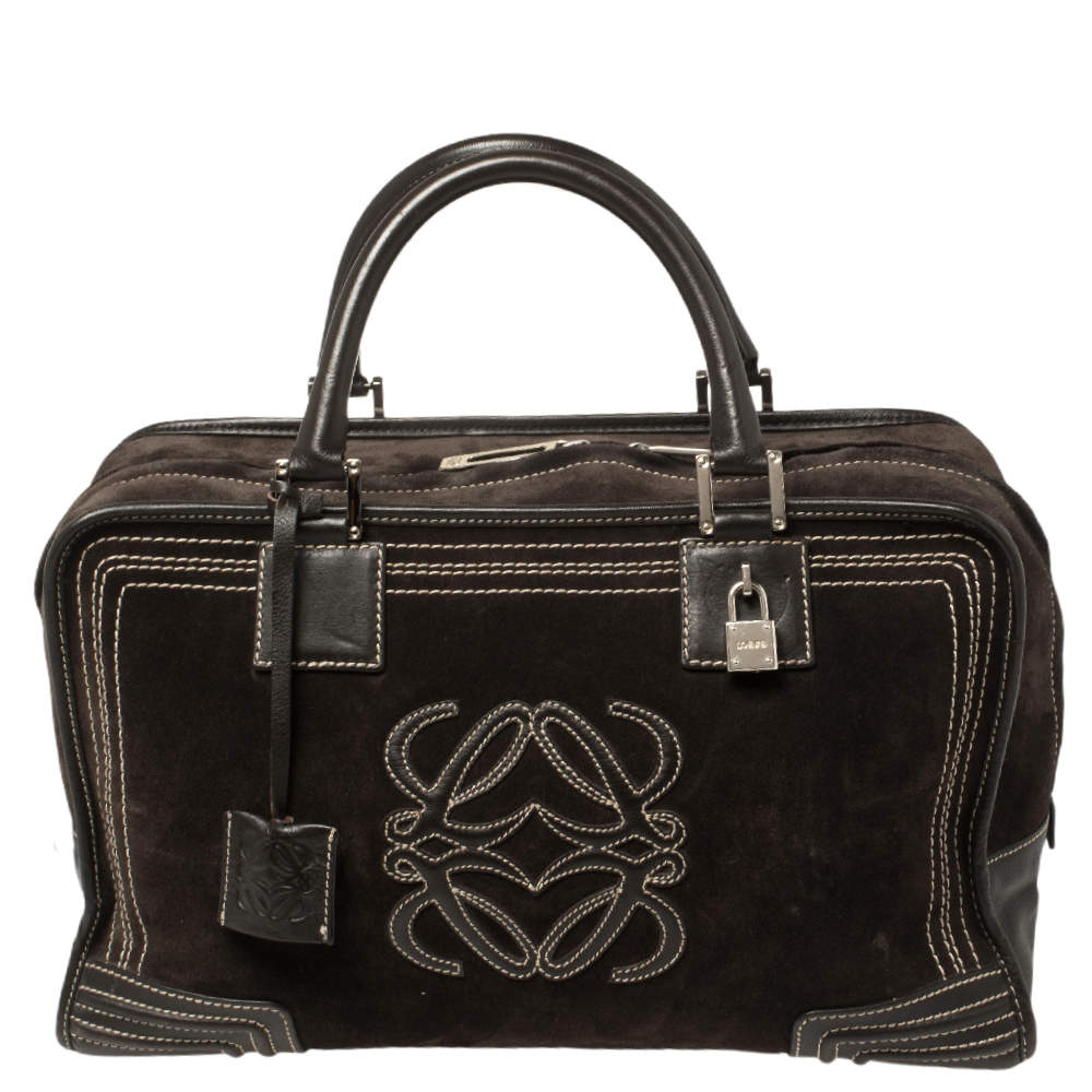 Pre Owned Loewe Dark Brown Suede and Leather Amazona Satchel