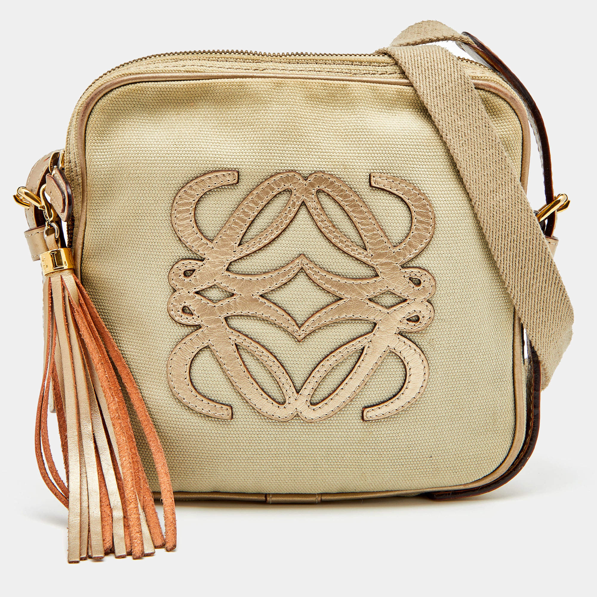 Pre Owned Loewe Beige/Gold Canvas and Leather Messenger Bag