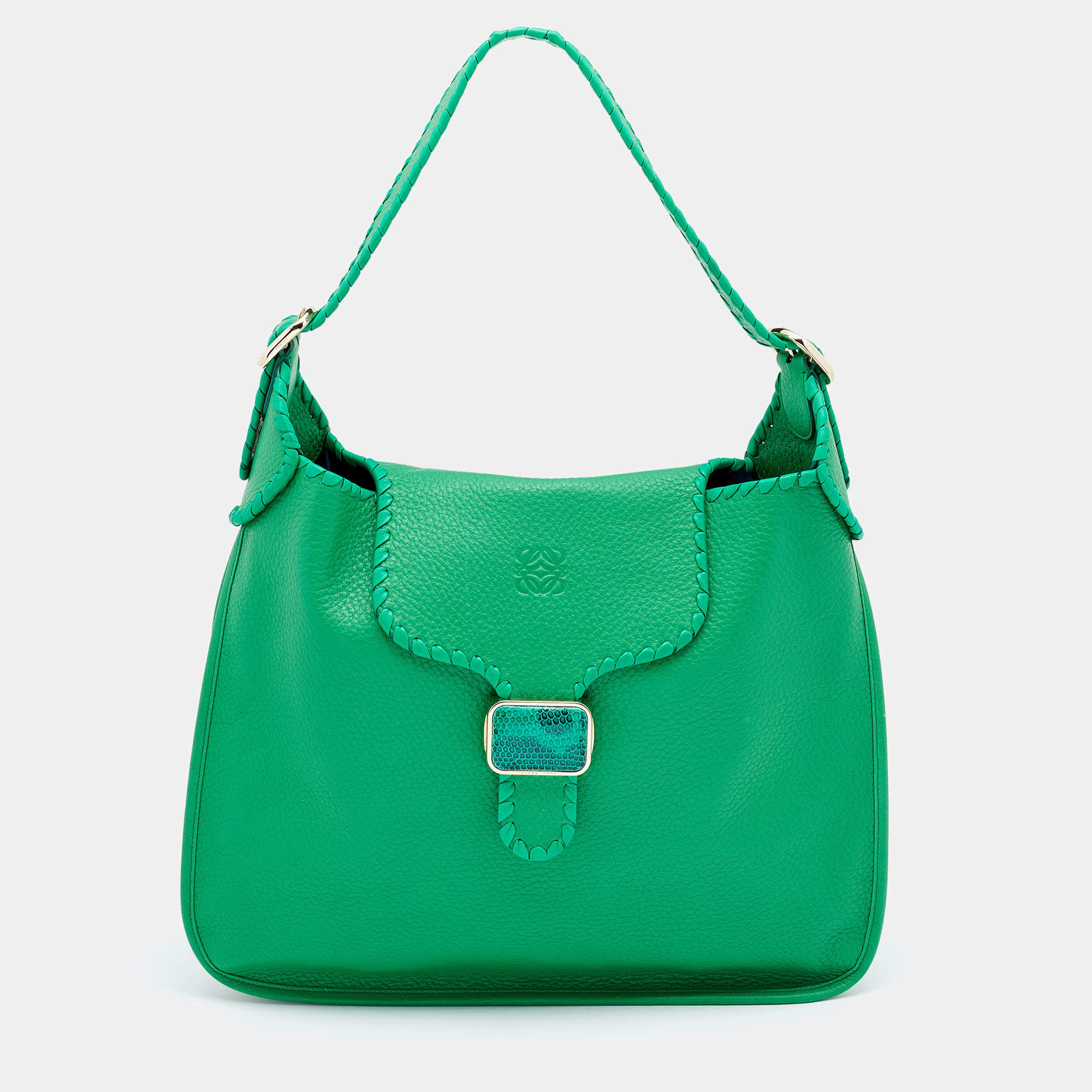 Pre Owned Loewe Green Leather and LIzard Detail Shoulder Bag