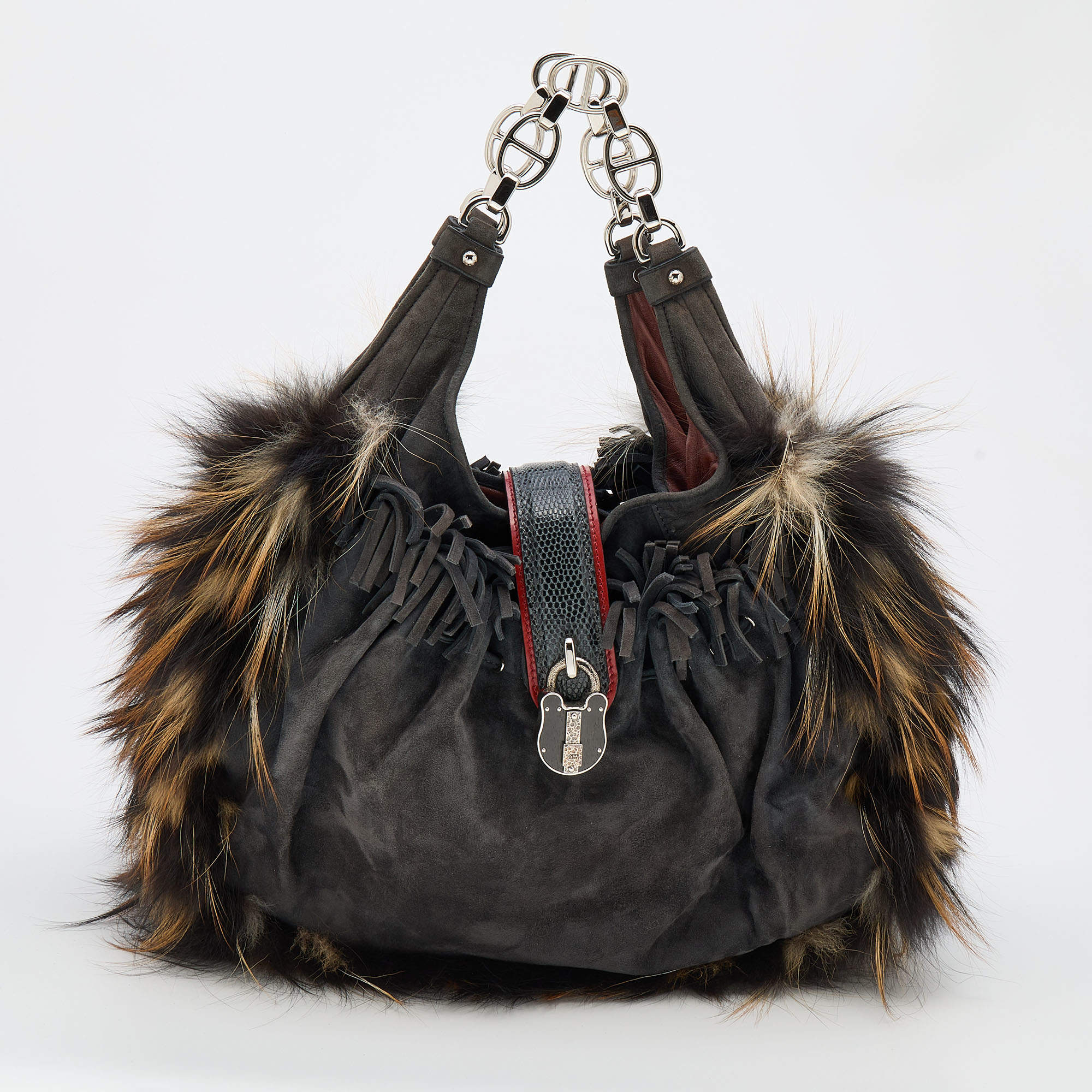 Pre Owned Loewe Multicolor Racoon Fur/Lizard and Suede Chain Hobo 