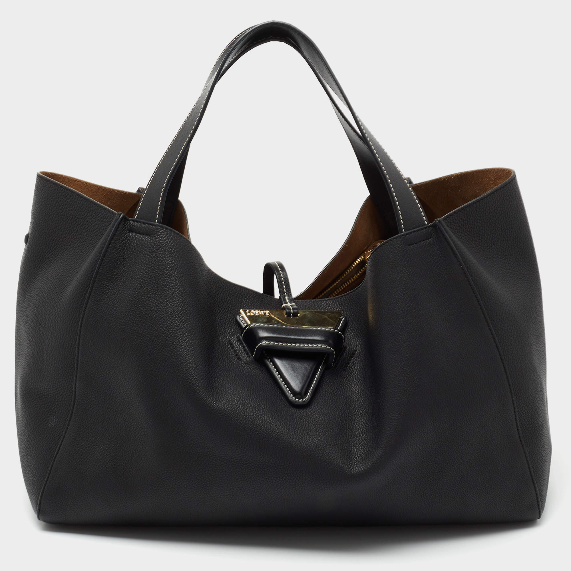 Pre Owned Loewe Black Leather Logo Shoulder Bag