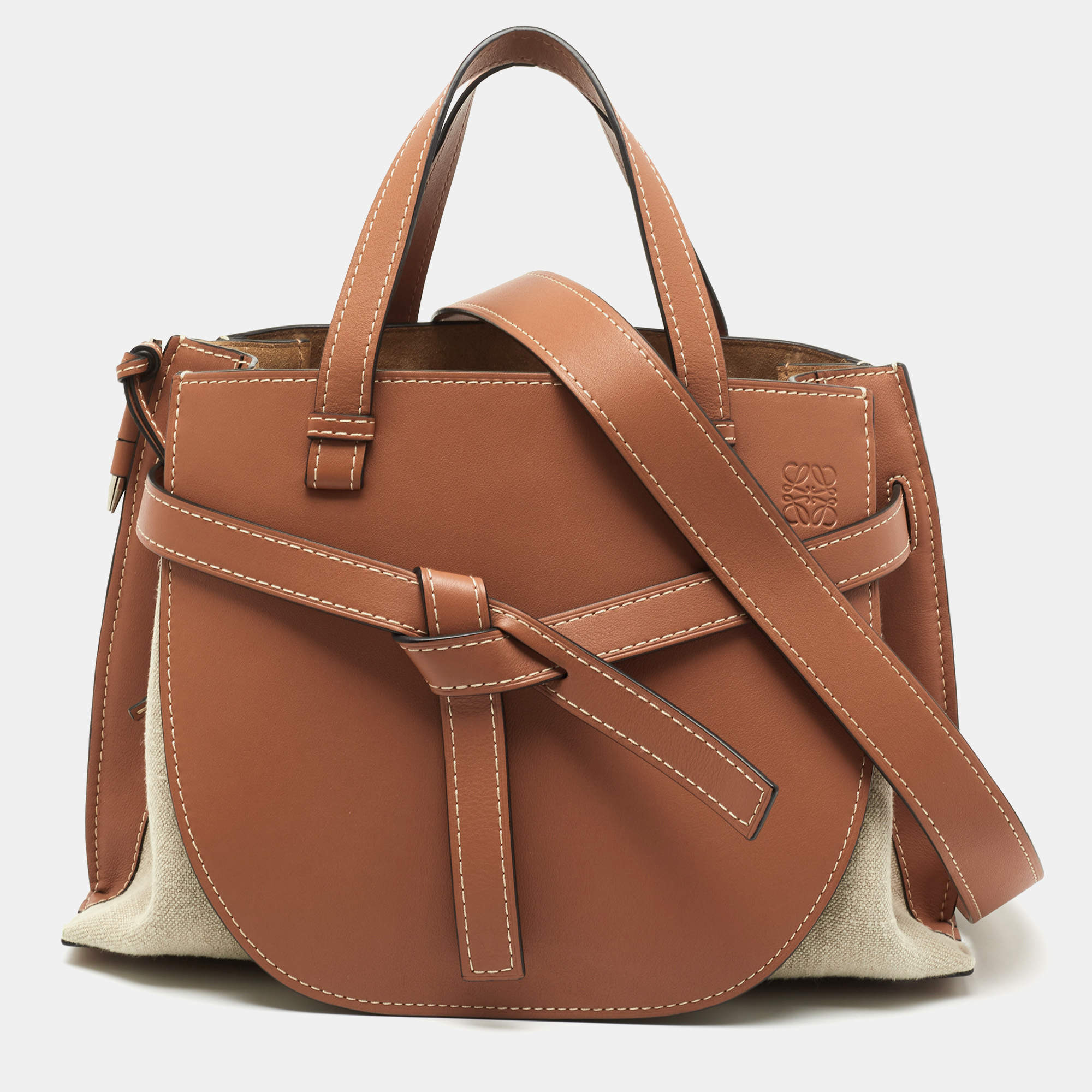 مملوكة مسبقًا Loewe Tan/Beige Leather and Canvas Medium Gate Tote