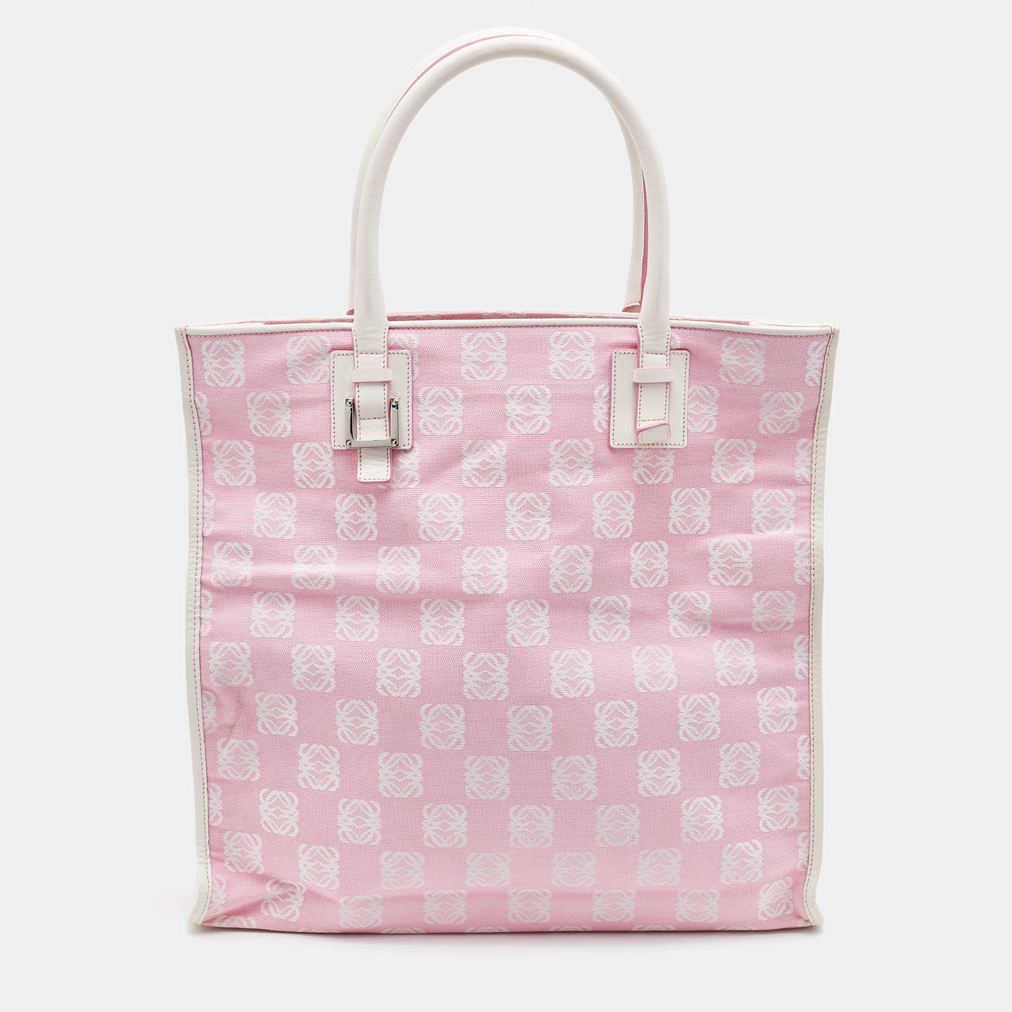 Pre Owned Loewe Pink/White Anagram Monogram Canvas and Leather Shopper Tote