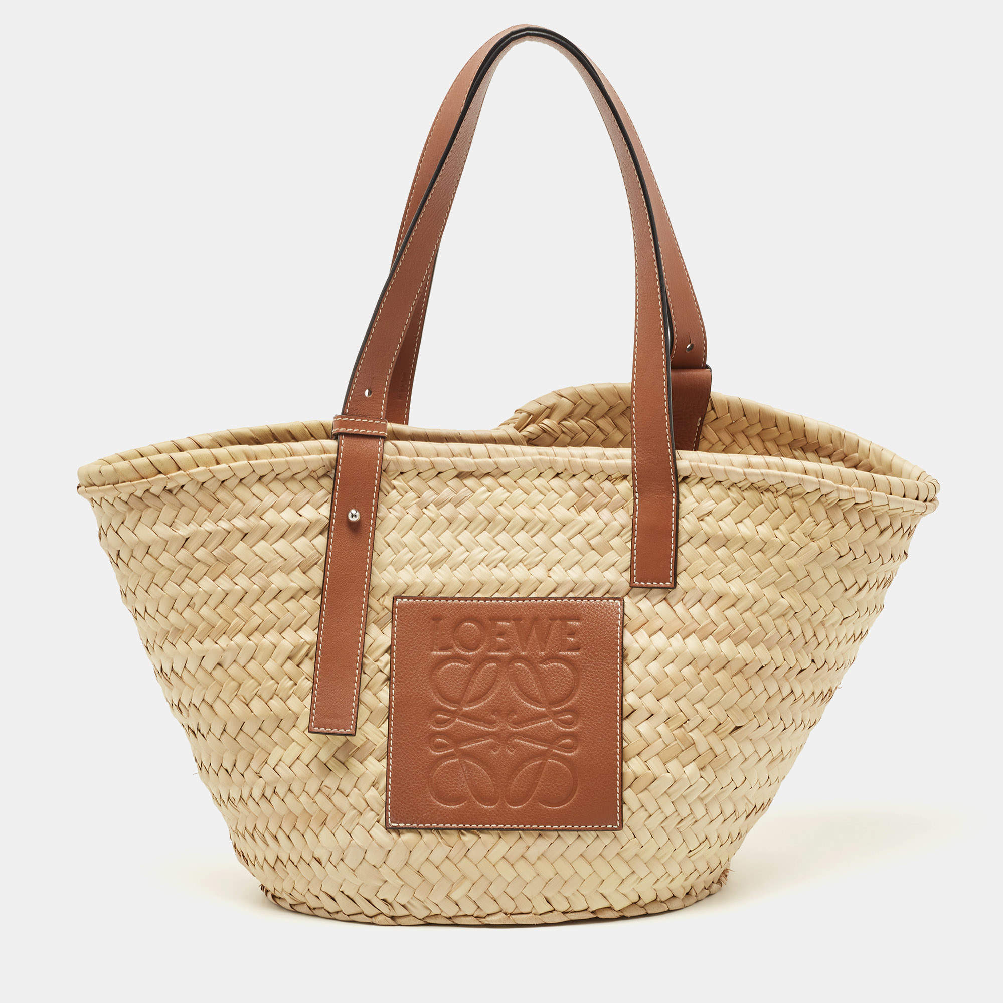 Pre Owned Loewe Brown/Natural Palm Leaf and Leather Medium Basket Tote