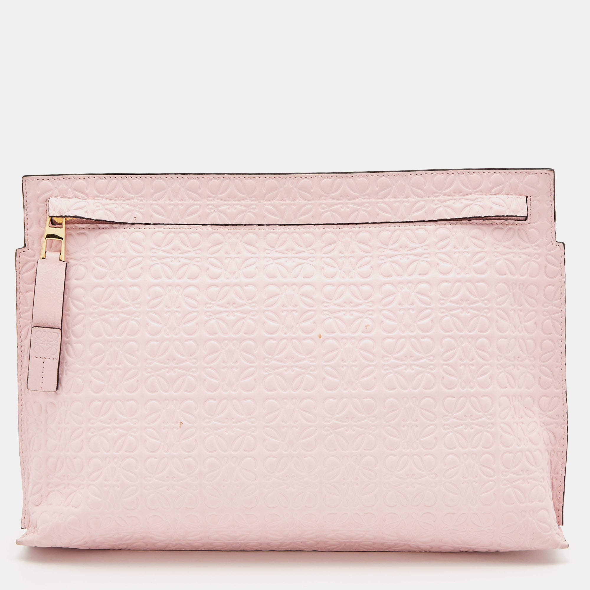 Pre Owned Loewe Pink Embossed Leather Anagram T Pouch