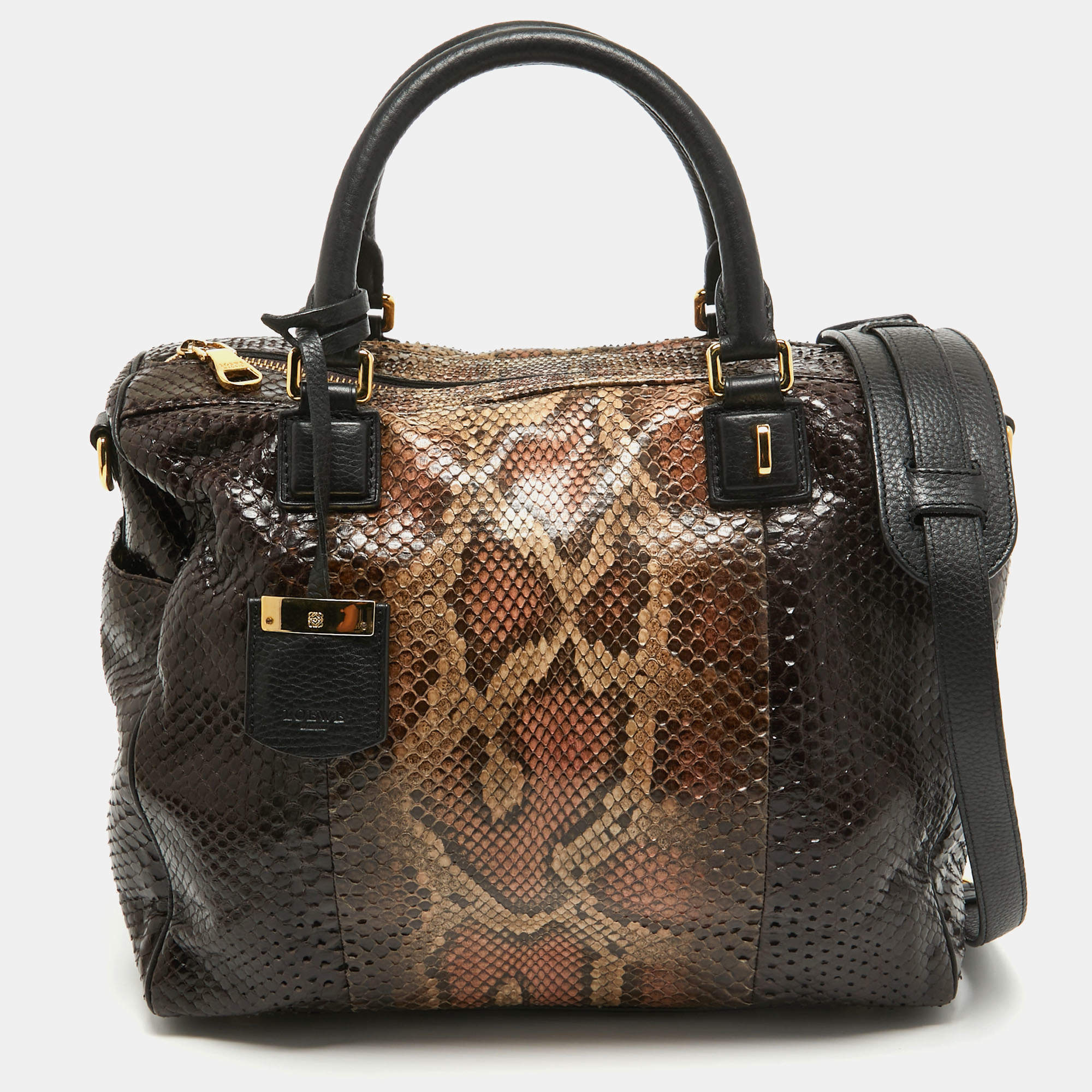 Pre Owned Loewe Black/Beige Python and Leather Amazona 75 Satchel