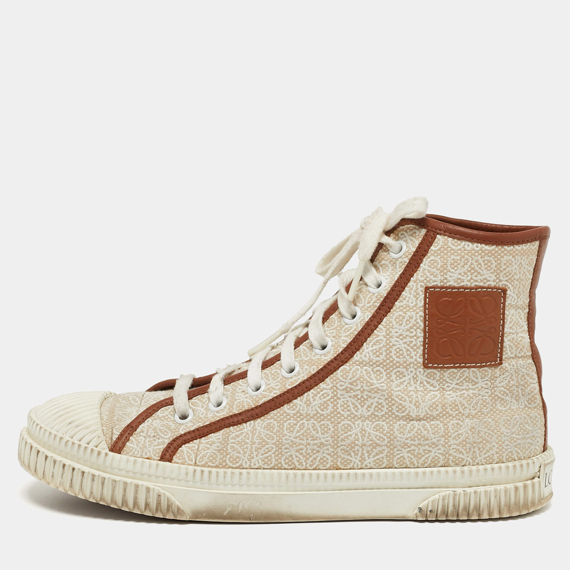 مملوكة مسبقًا Loewe Anagram Size 38 Beige/Brown Canvas and Leather High Top Sneakers