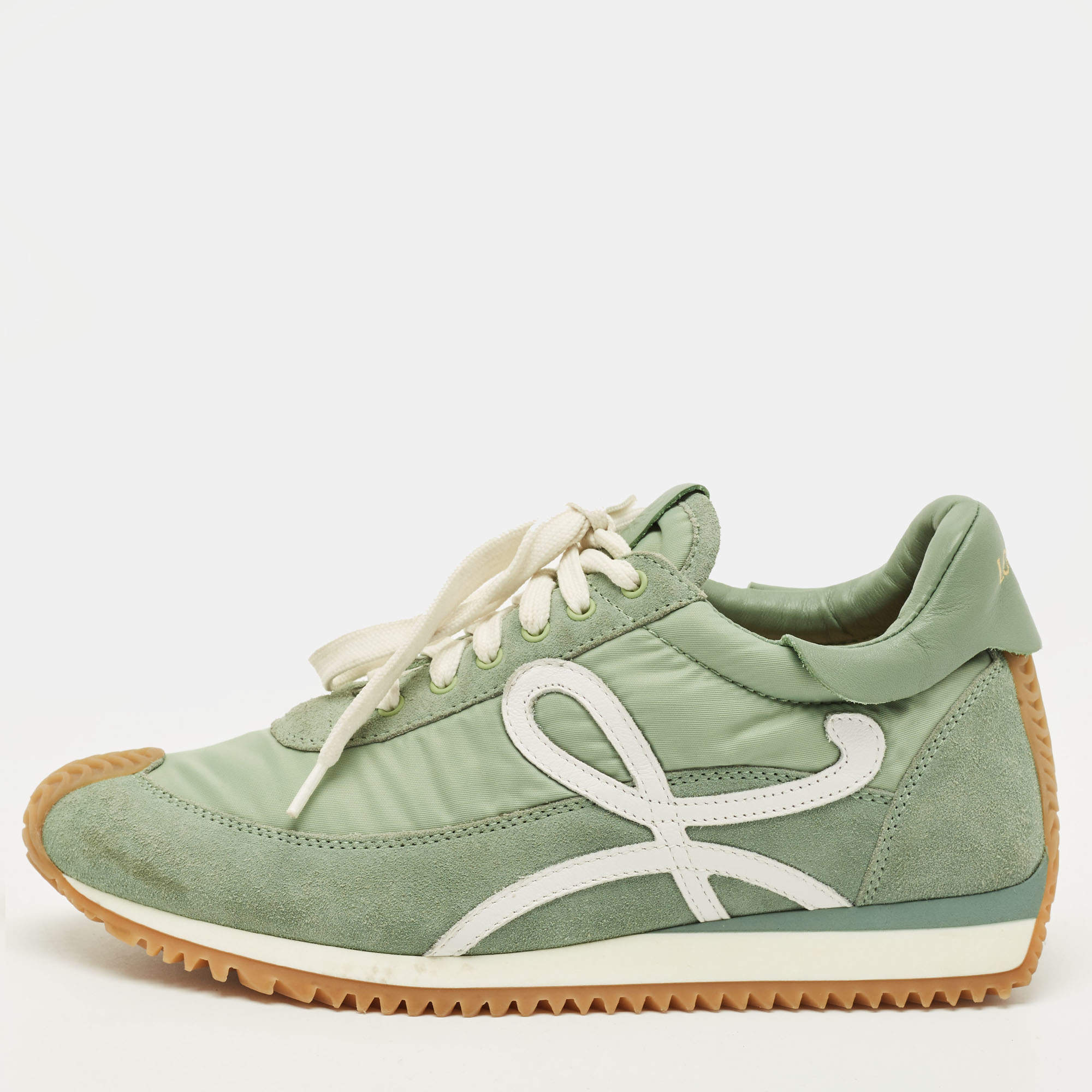 Pre Owned Loewe Flow Runner Size 38 Green Leather and Suede Lace Up Sneakers