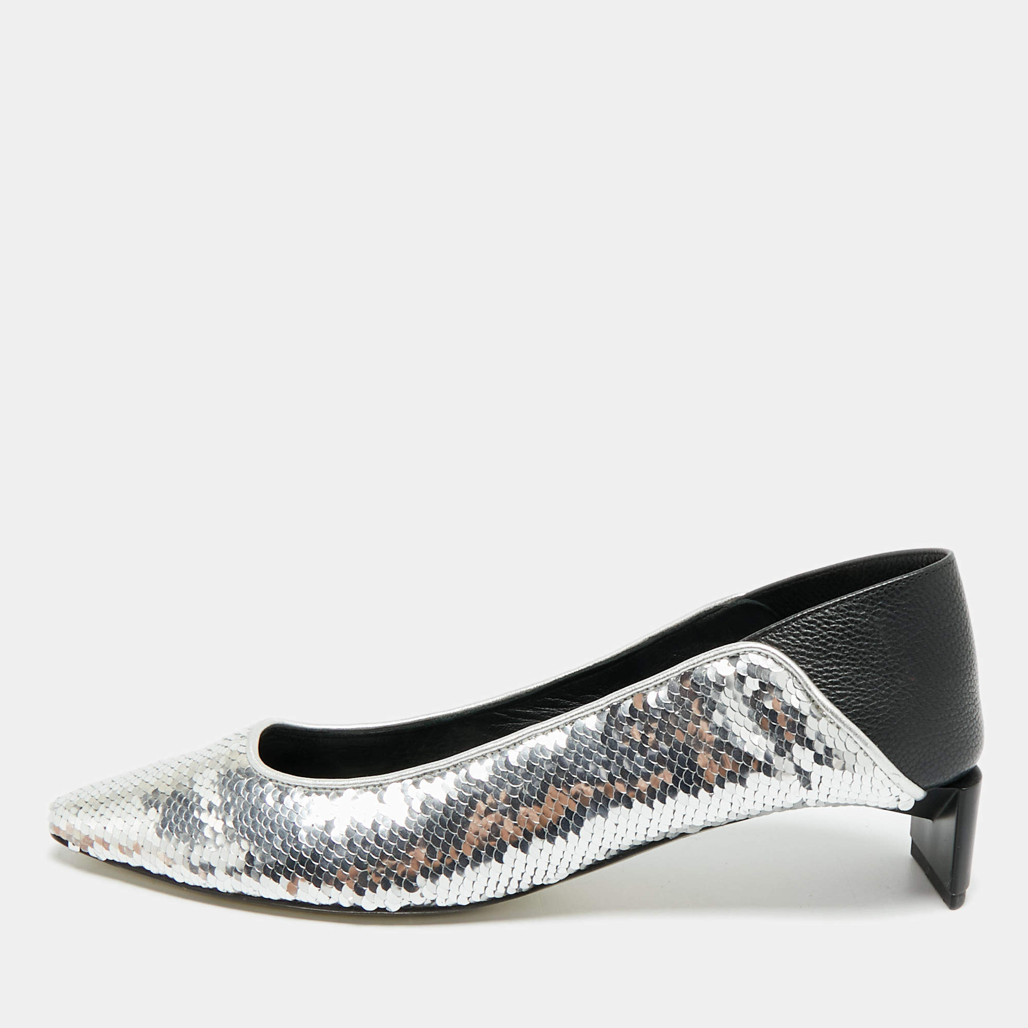 مملوكة مسبقًا Loewe Size 38 Silver/Black Leather and Sequins Block Heel Pumps
