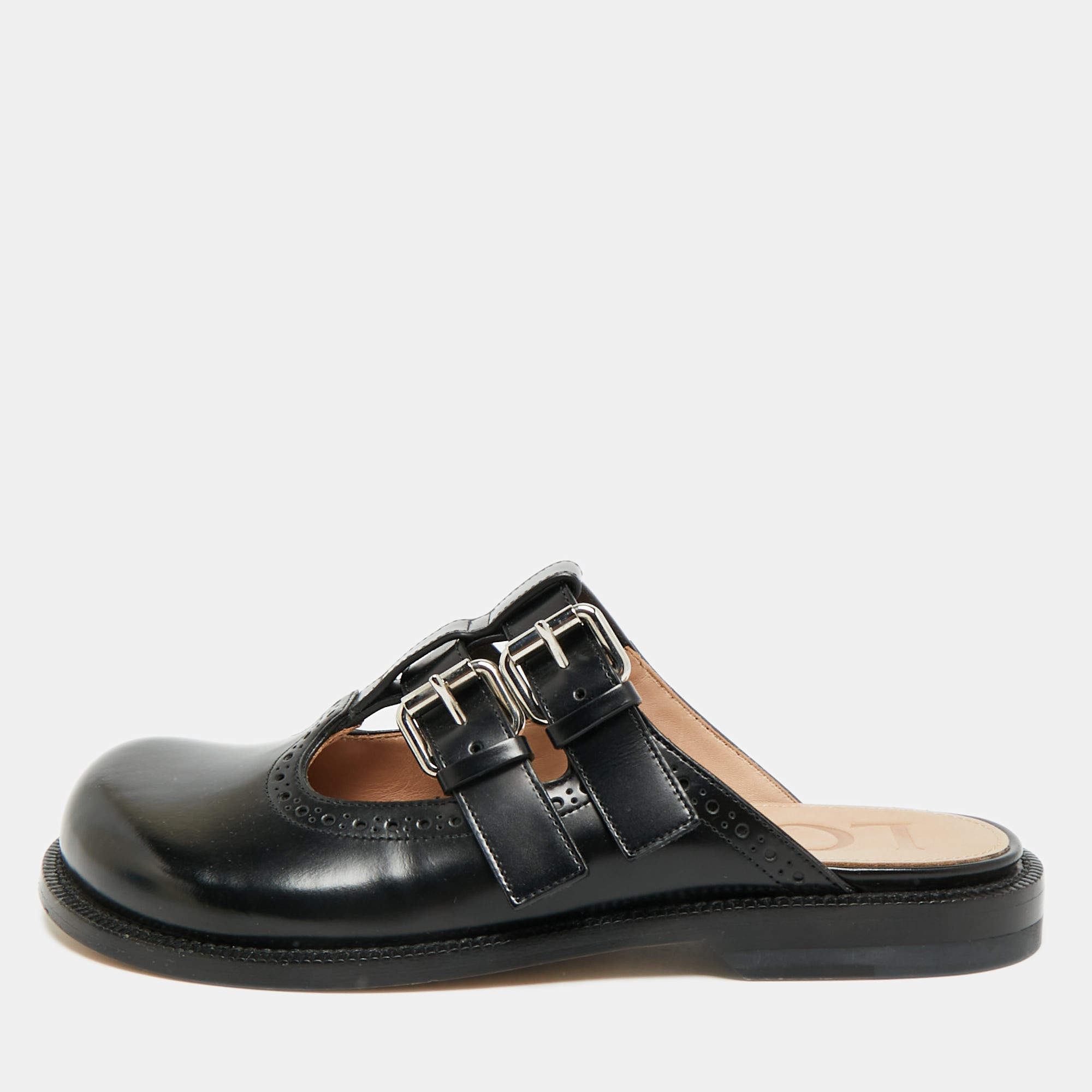 Pre Owned Loewe Campo Size 36 Black Leather Mary Jane Flat Mules