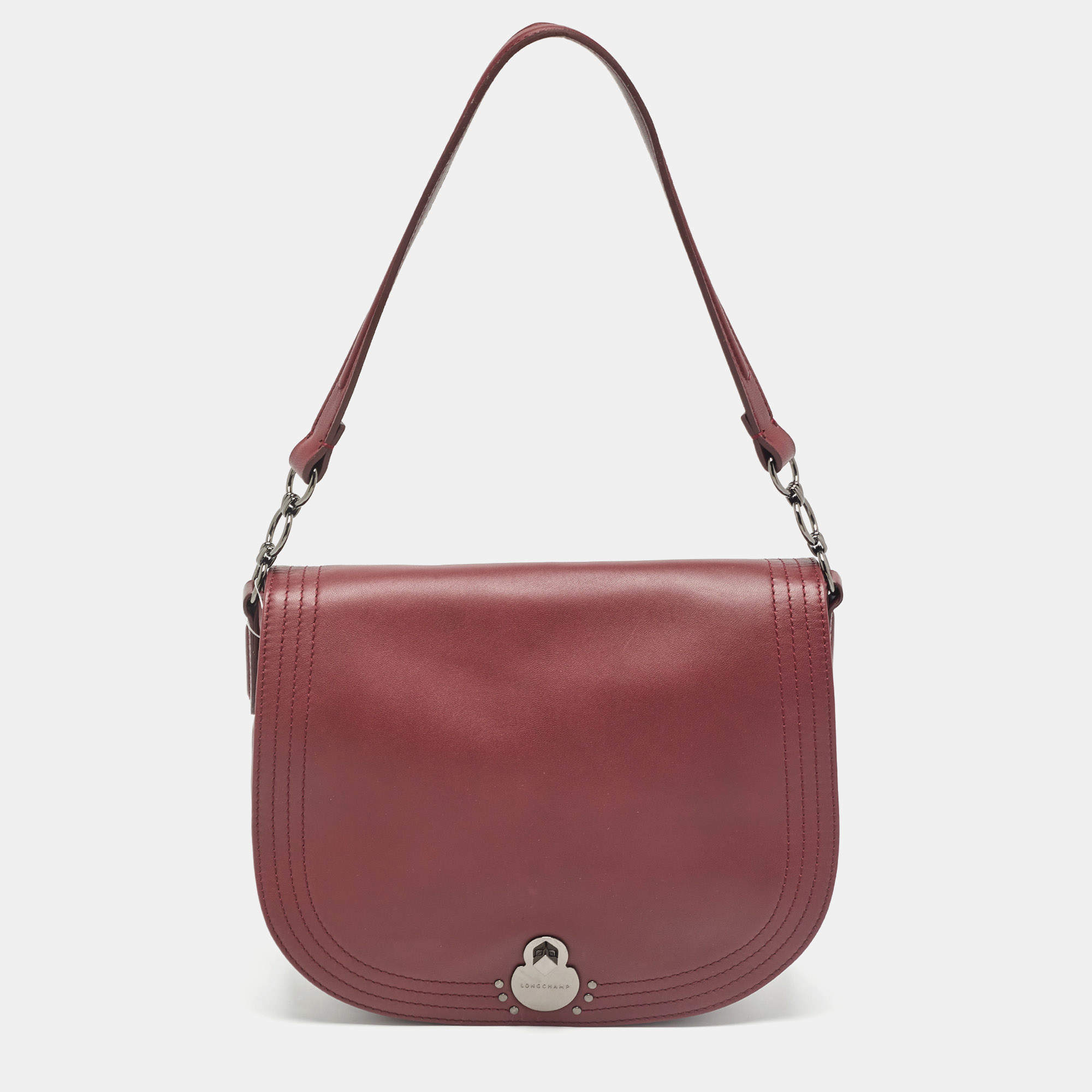 Pre Owned Longchamp Burgundy Leather Cavalcade Saddle Bag