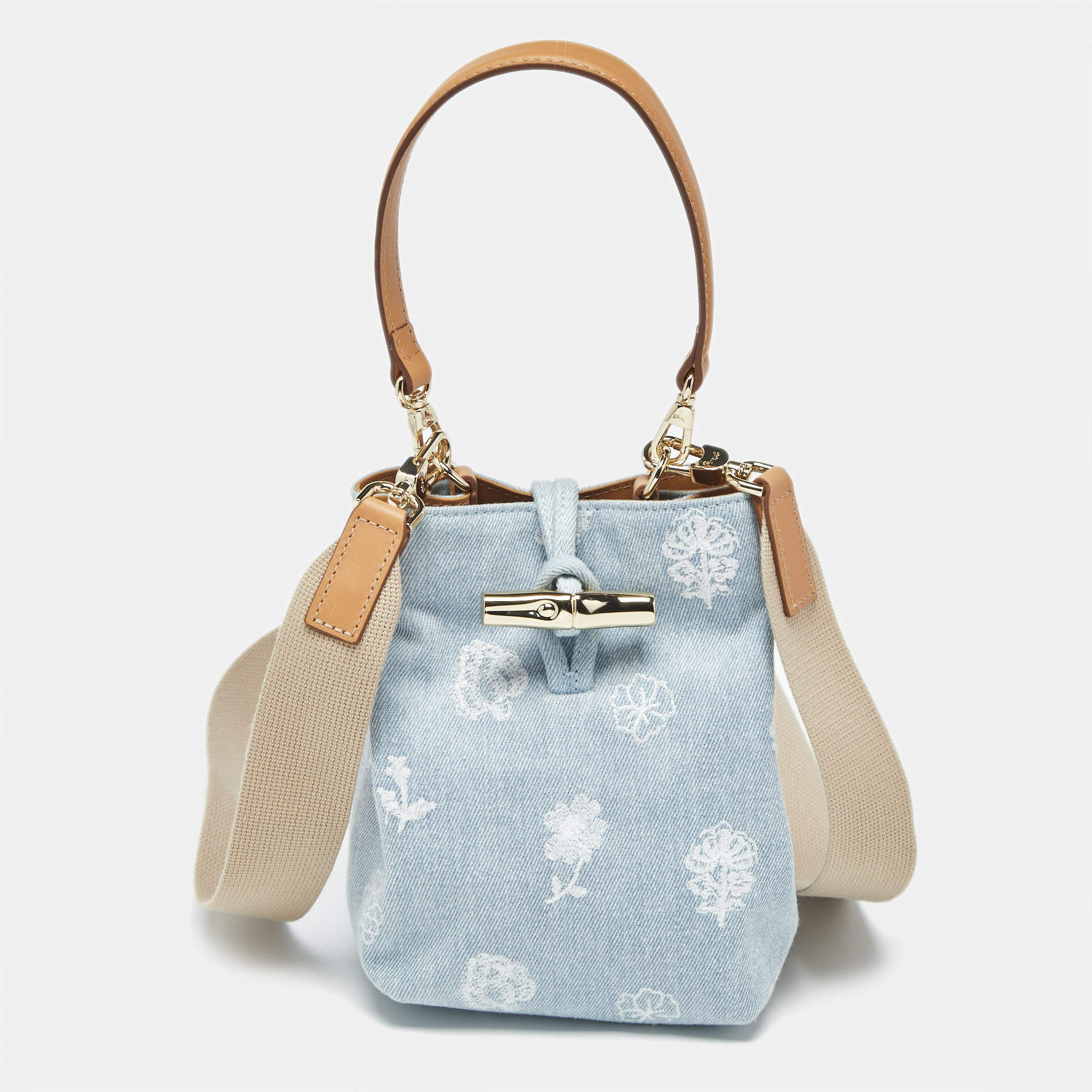 Pre Owned Longchamp Blue Denim Mini Le Roseau Bucket Bag