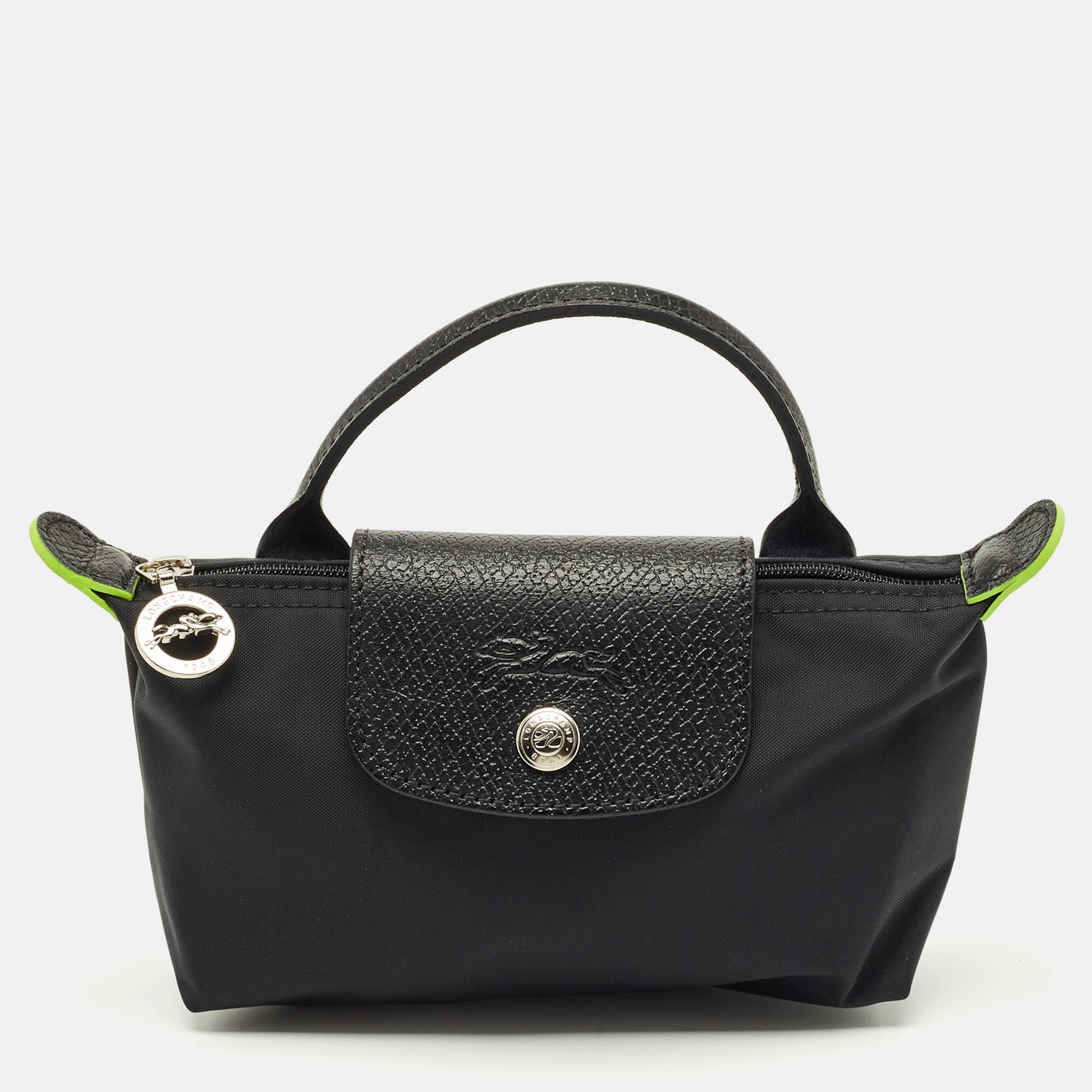 Pre Owned Longchamp Black Leather and Nylon Le Pliage Pouch