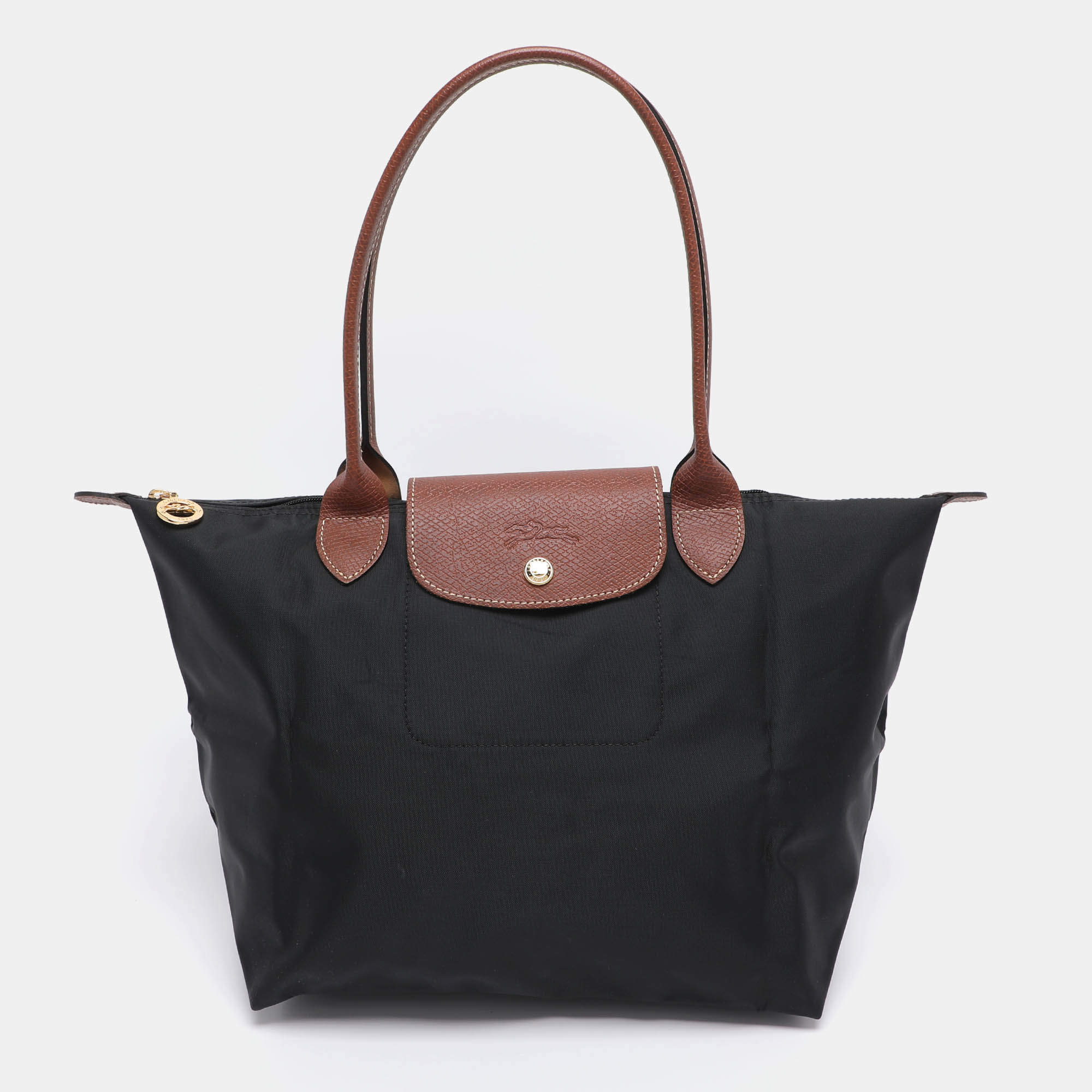 Pre Owned Longchamp Black/Brown Nylon and Leather Small Le Pliage Tote